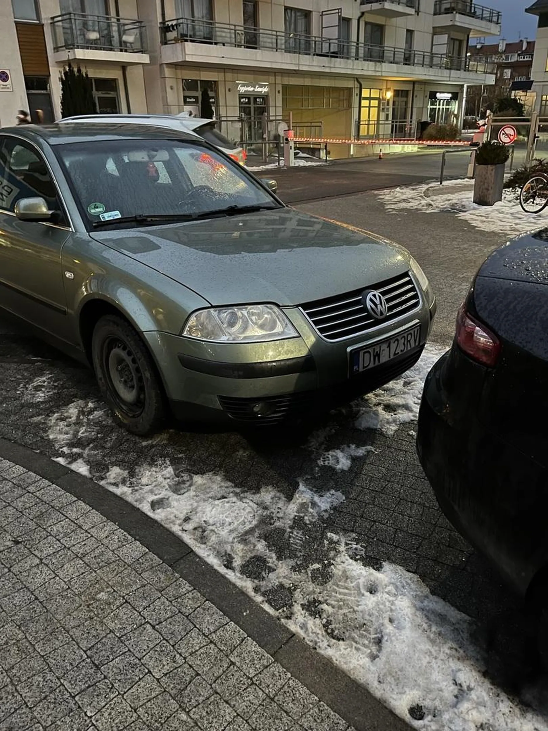 Kierowca parkuje na przejściu, a pachołek który miał blokować takich jak on - wyrzuca do krzaków.