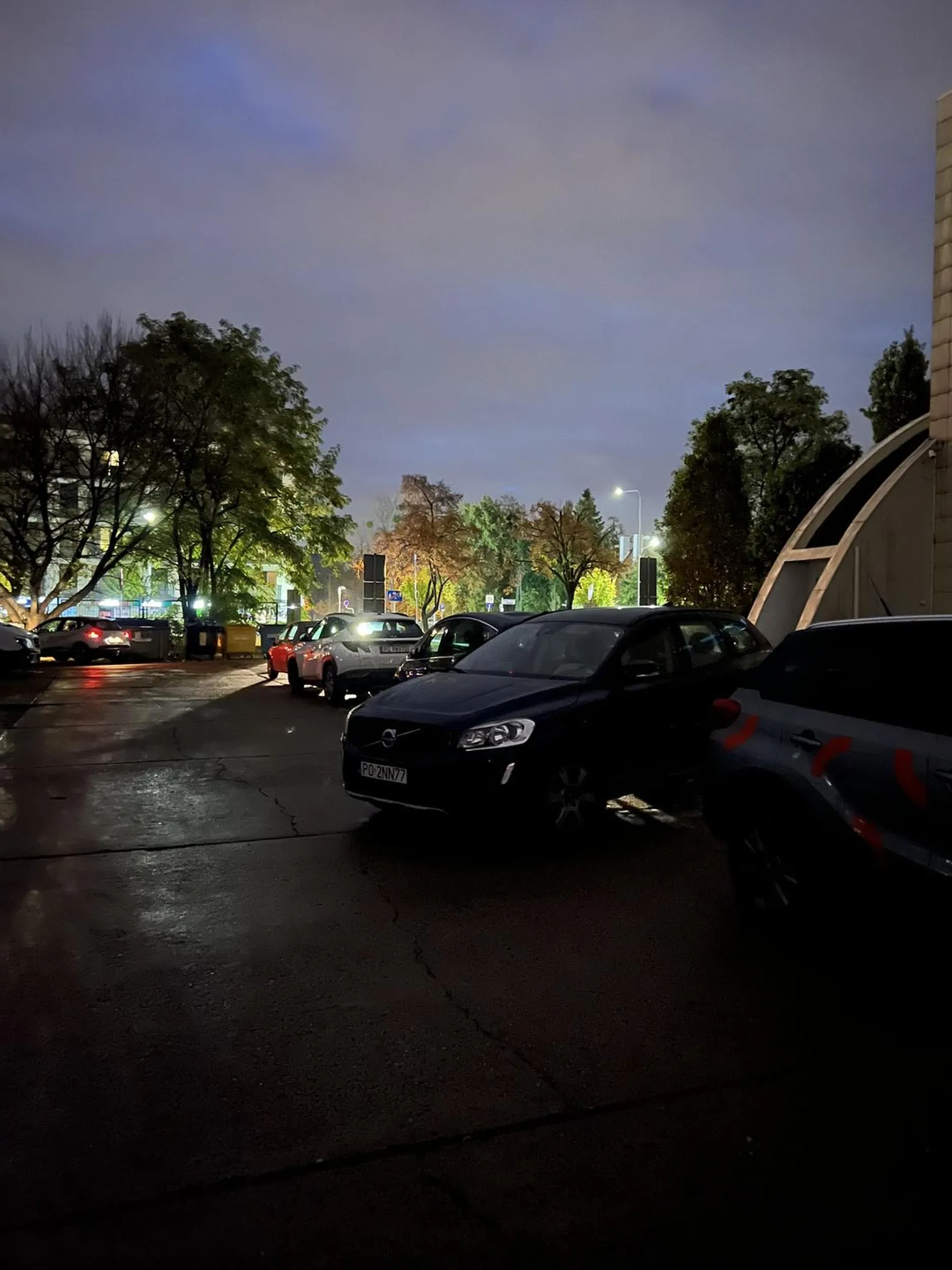 Przejazd wąski, auta ustawione wzdłuż krawężnika, żeby wjeżdżające na parking mogły się zmieścić mijając się a księżniczka musiała wygodnie się ustawić. Zero logicznego myślenia. Okolice drogi Dębińskiej.