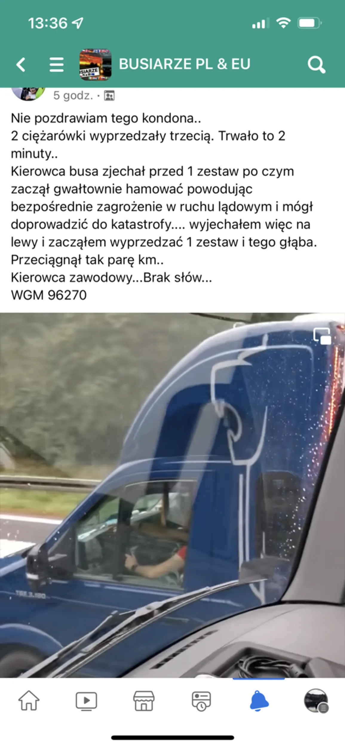 Na grupce busiarze pl&eu widnieje nagranie co ten burak wyprawia, zagrożenie dla innych uczestników drogi i skandalicznie zachowanie. Mam nadzieje ze ktoś z właścicieli zobaczy to nagranie i wyrzuci to zwierze z firmy.