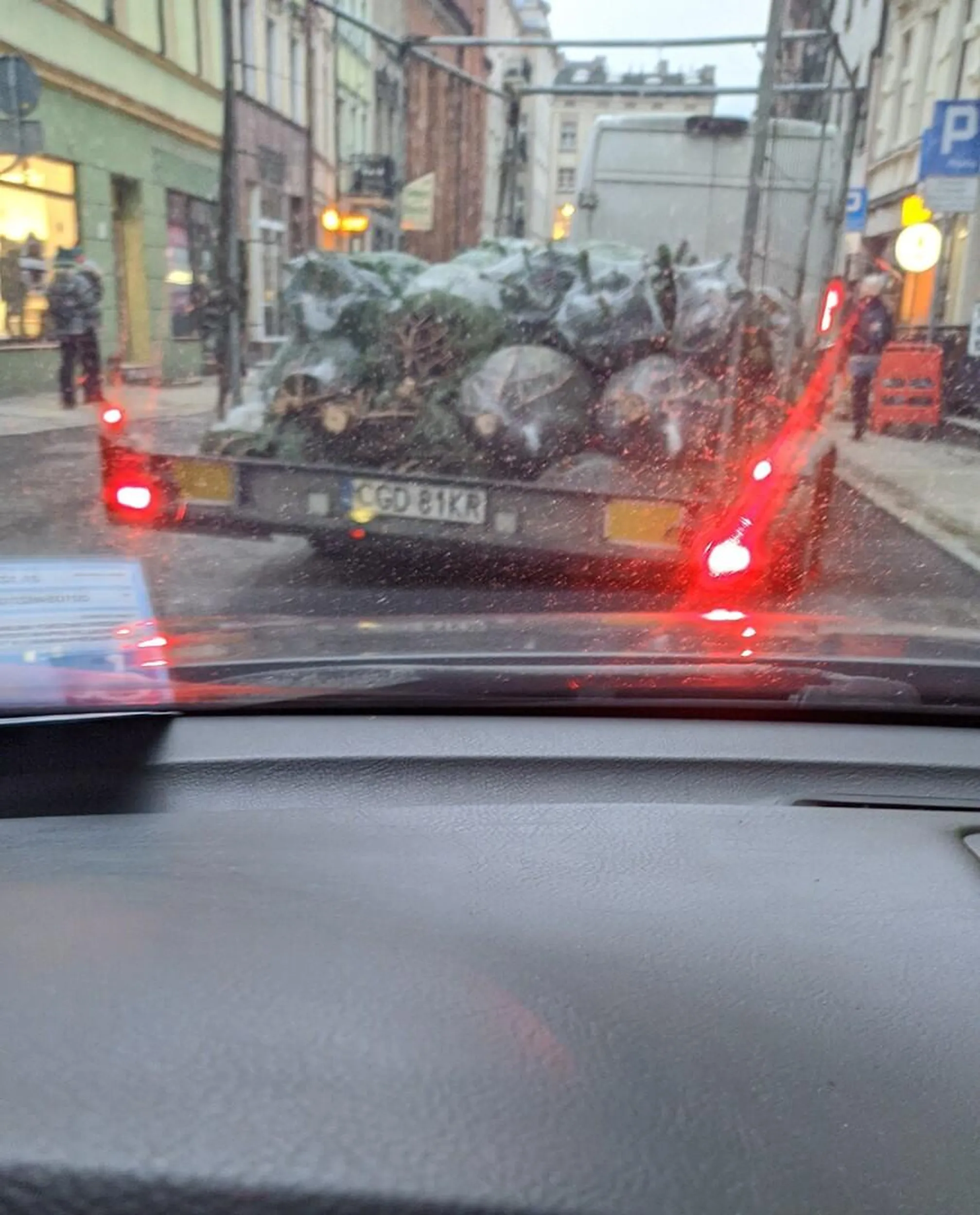 Gamoń z choinkami na przyczepce. Przy cofaniu przywalił mi w zderzak na Toruńskiej starówce i po męsku uciekł :)