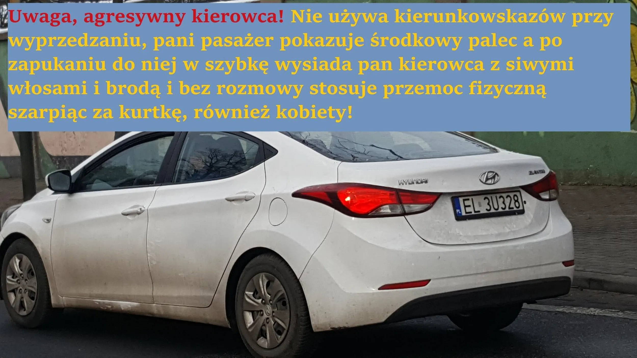 Pan nie rozumie, że rowery poruszają się pasem dla rowerów po ulicy, a nie chodniku, przy wyprzedzaniu trąbi stwarzając niepotrzebne zagrożenie, pasażerka pokazuje środkowy palec, a dogoniony na światłach nie rozmawia, tylko wysiada i przechodzi od razu do rękoczynów. Szarpie także kobiety. Pasażerka dalej schowana w samochodzie pokazuje środkowy palec. Uważajcie w Łodzi.