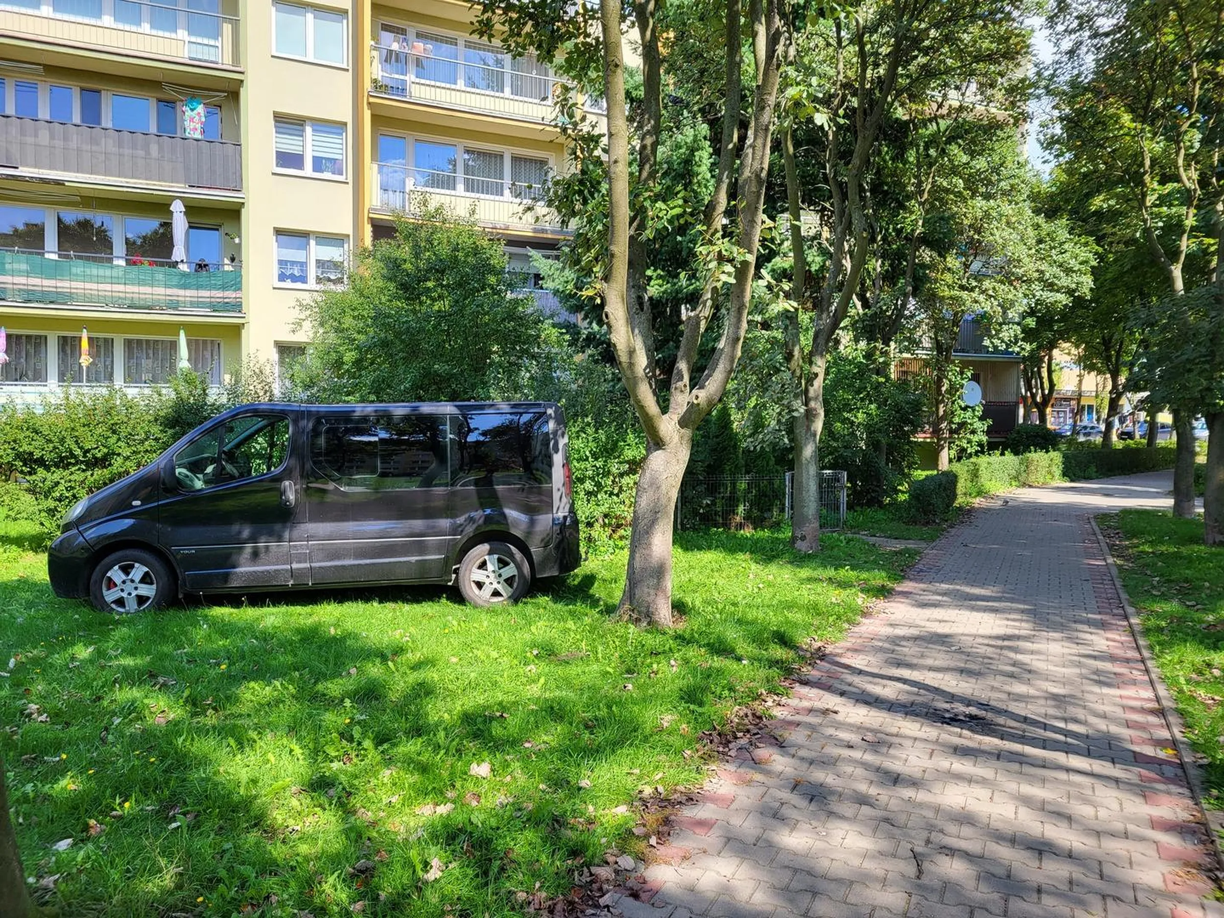 Przejeżdża przez chodniki i parkuje na trawniku między blokami. To chyba jakiś pojazd uprzywilejowany...