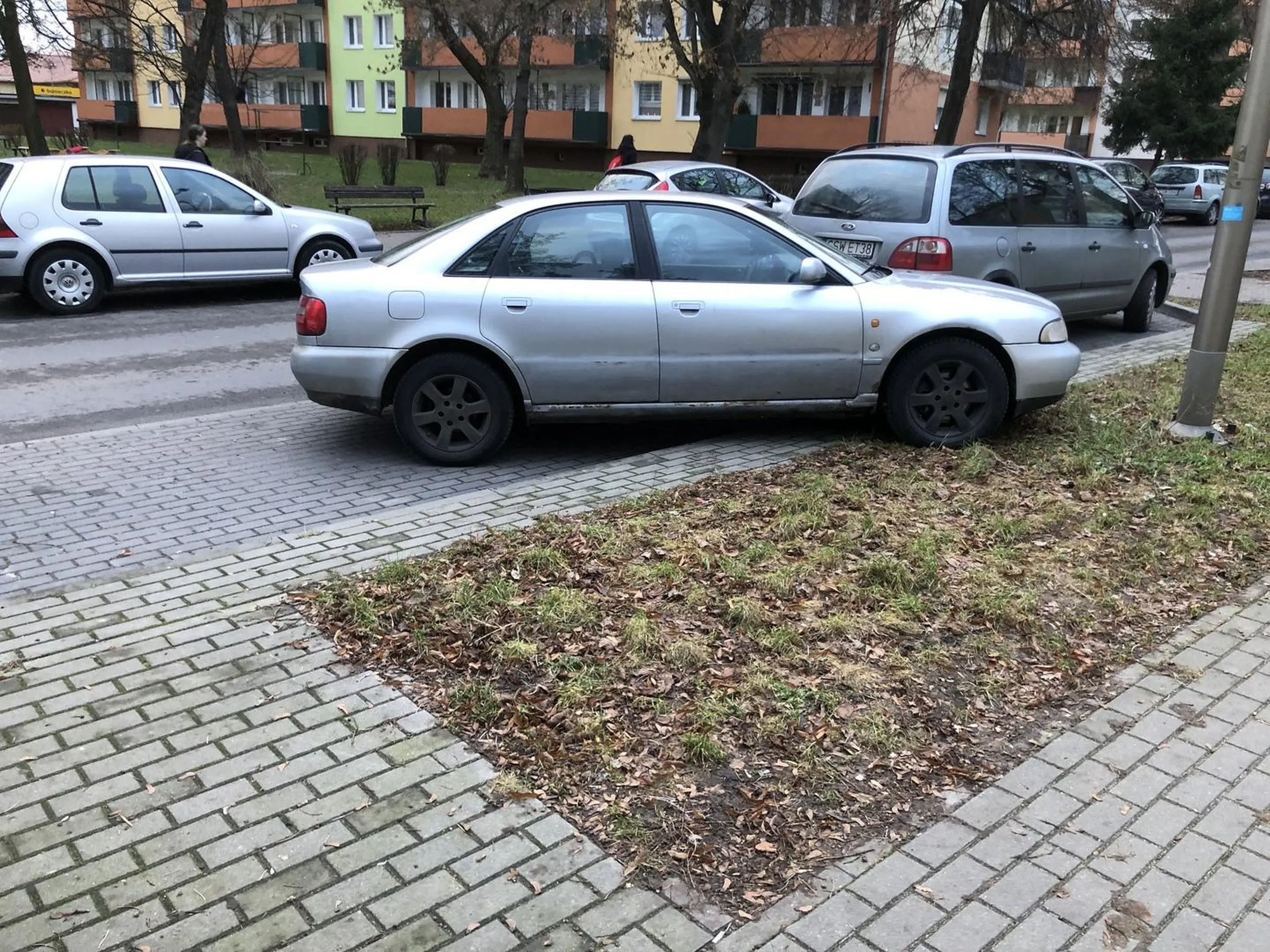 Samochód zaparkowany w karygodny sposób, kierowca lekko wyjechał za krawężnik na pobliski trawnik. Nie pozdawiam