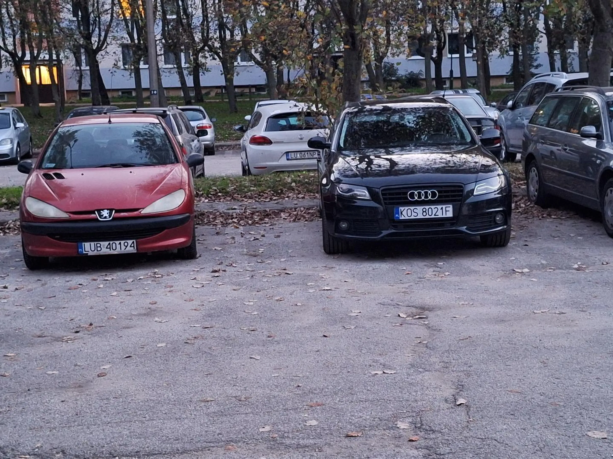 Parking osiedlowy znaleźć miejsce po powrocie z pracy liczy się z cudem A kierowca audi parkuje zajmując 2 miejsca