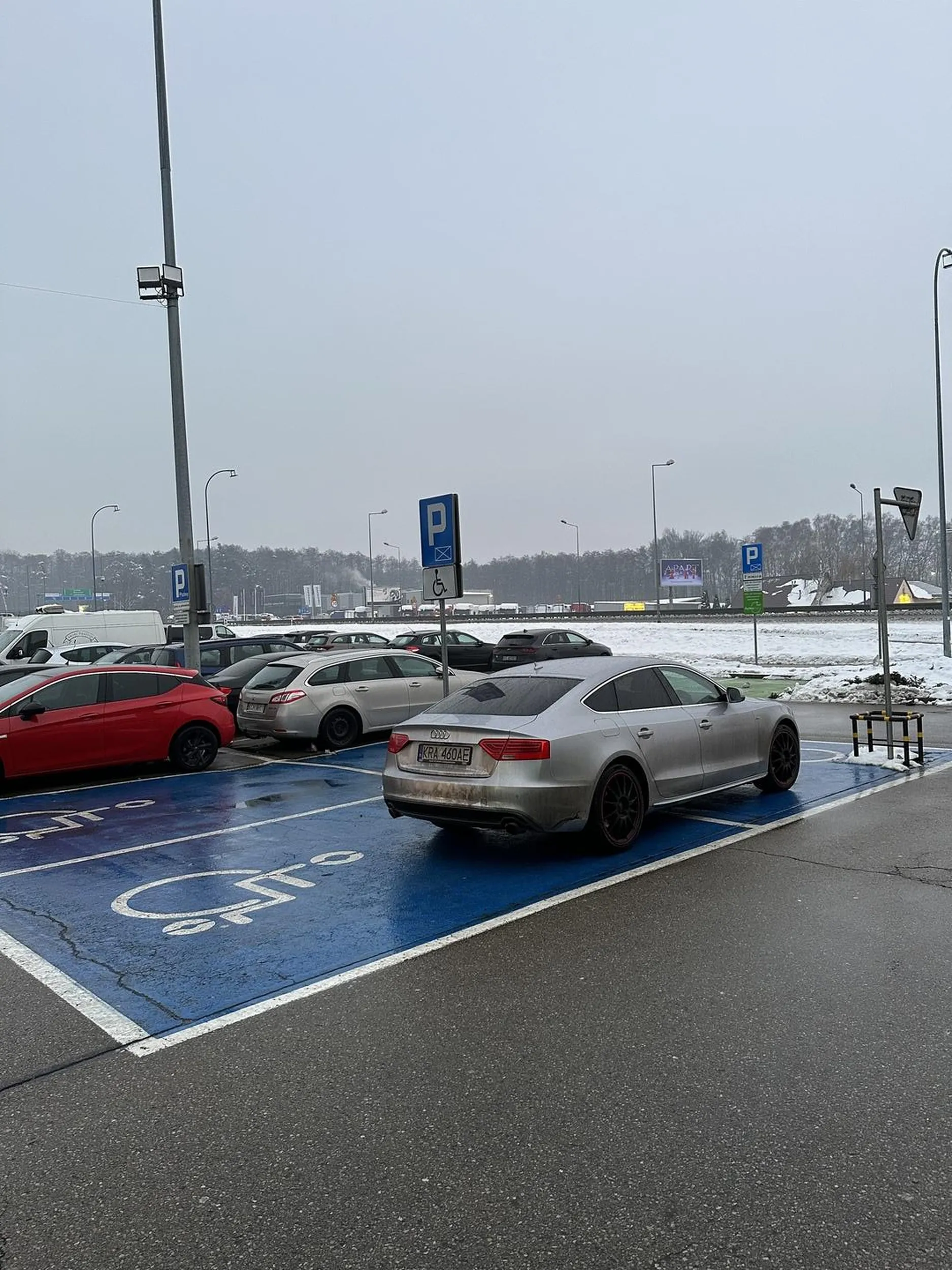 Zajmuje dwa miejsca do parkowania dla osób niepełnosprawnych nie posiadając do tego uprawnień - widać na zdjęciach brak tabliczki niepełnosprawnego.