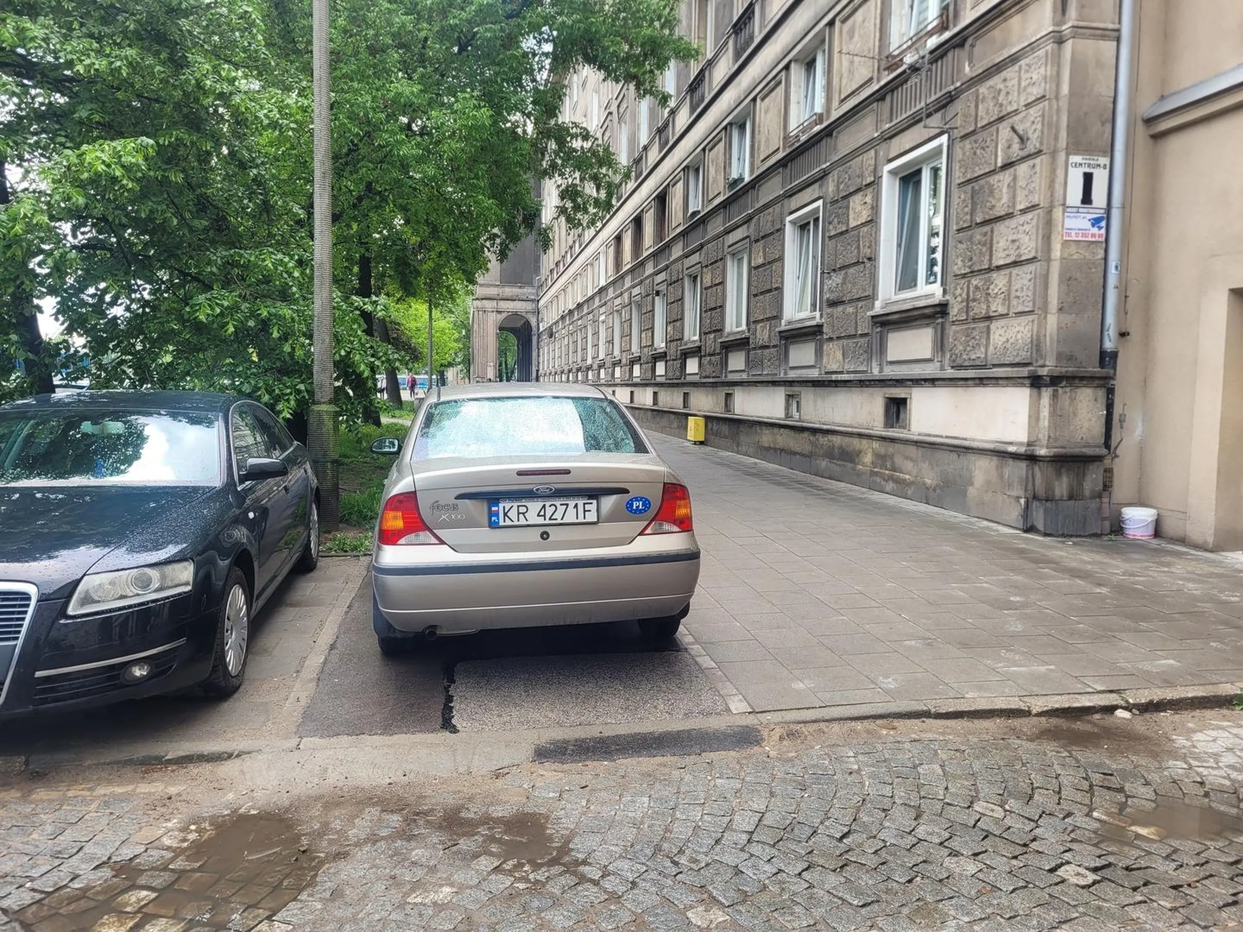 Prawdopodobnie kierowca niewidomy (parkuje na ścieżce rowerowej).