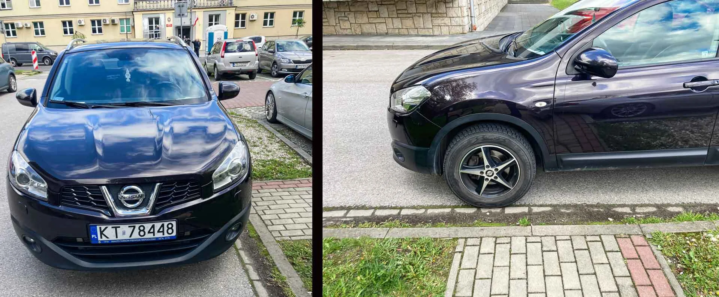 Nissan pod komendą policji i Centrum Sztuki Mościce. Ja sobie przejdę trawnikiem ale starsza osoba lub ktoś na wózku może mieć problem. Dodam, że to nie jednorazowy wybryk, a stały styl parkowania tego samochodu..