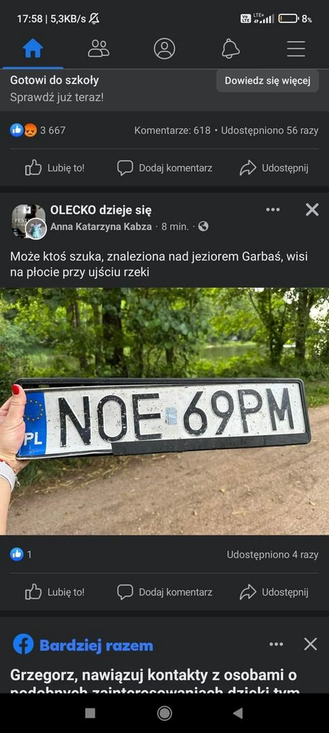 Może ktoś szuka, znaleziona nad jeziorem Garbaś, wisi na płocie przy ujściu rzeki