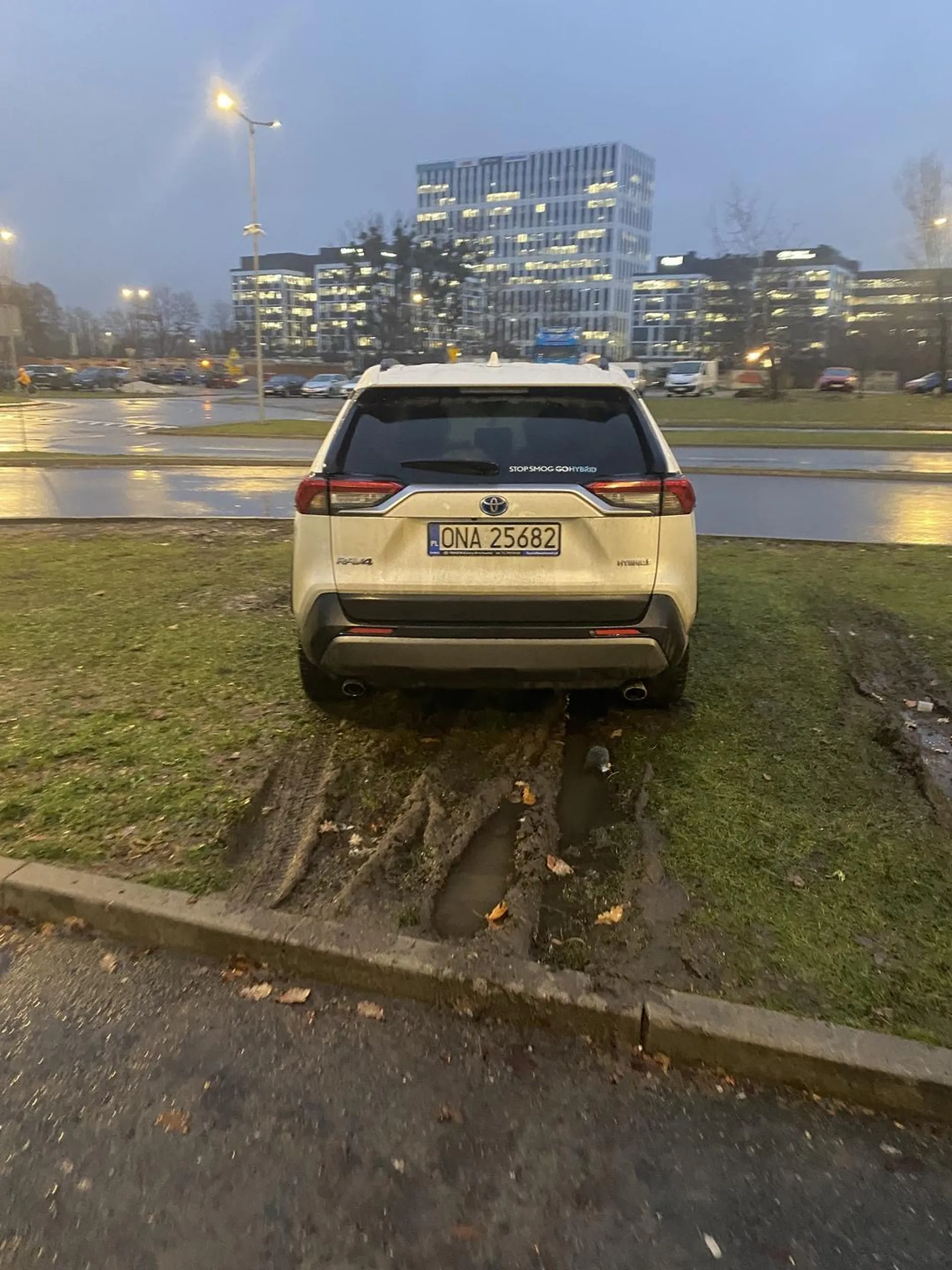 Kupił sobie hybrydę z logo “stop smog”, ale już kurw zaparkować jak pozostali nie potrafił . Przez takich kurwiów, zamiast trawników mamy błoto i rozjechane koleiny!!!