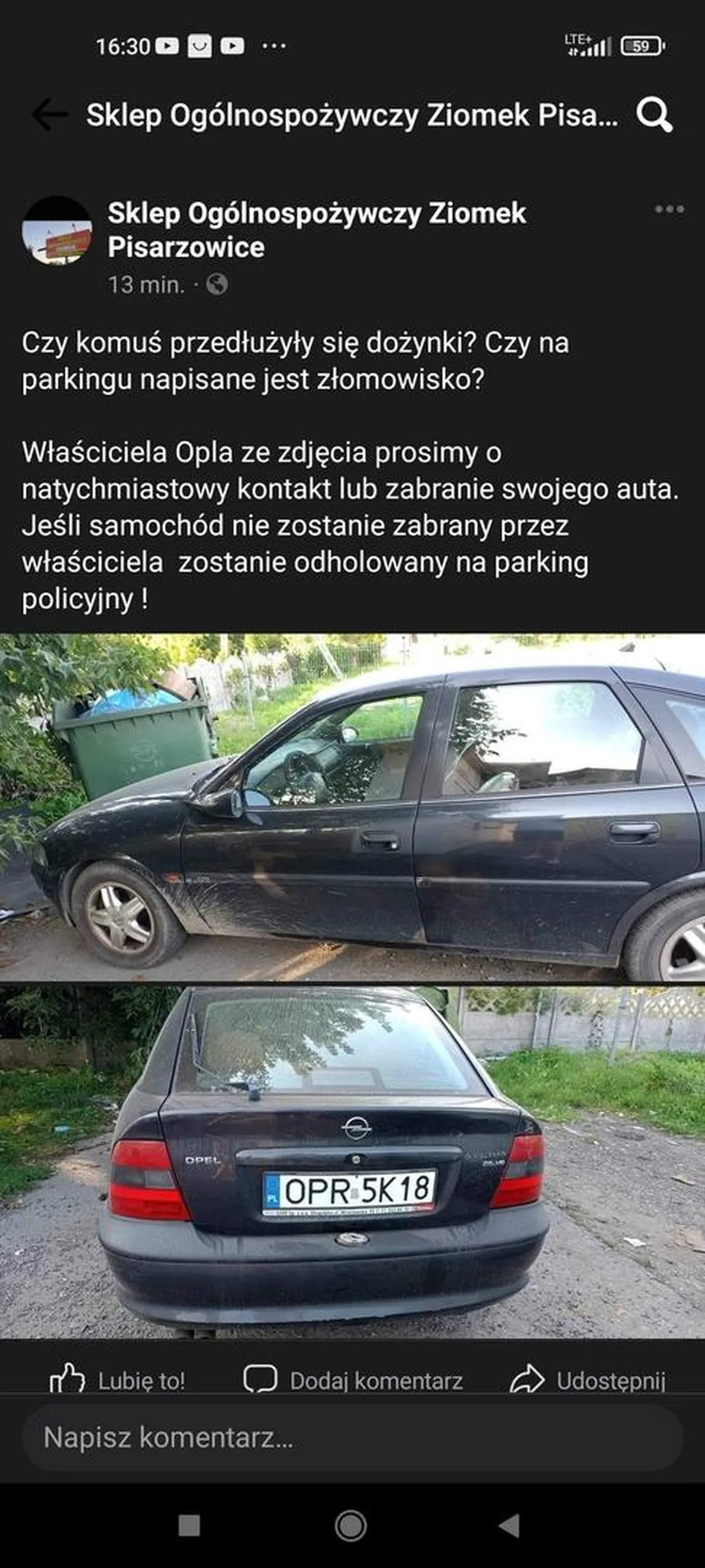 Tutaj screenshot z Facebooka https://m.facebook.com/story.php?story_fbid=pfbid037JxmqmgpMbSn9E3vgXN9tHBD725UoGgHba4xay82cD6bAjhMTuT9BZ6Kmqyi4qXQl&id=100066905922777&post_id=100066905922777_pfbid037JxmqmgpMbSn9E3vgXN9tHBD725UoGgHba4xay82cD6bAjhMTuT9BZ6Kmqyi4qXQl&notif_id=1694614486090683&notif_t=nf_photo_story&ref=notif