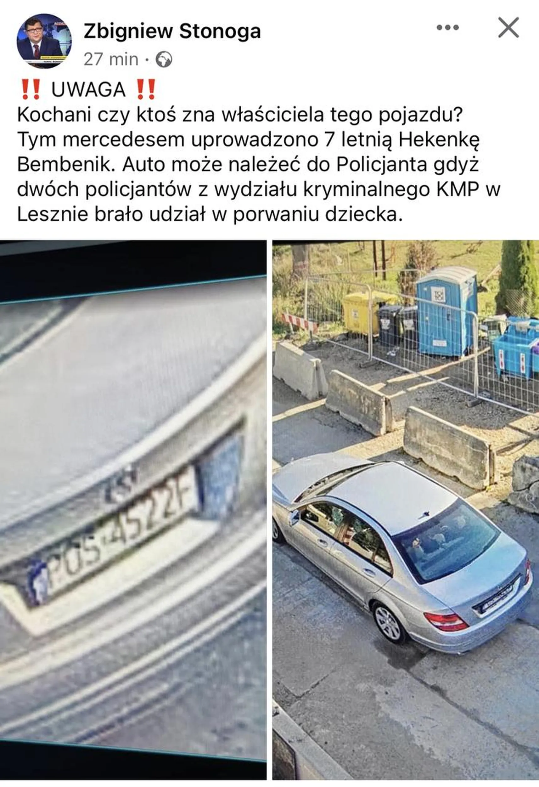 Tym samochodem uprowadzono dziecko, prawdopodobnie przez policjantów kmp Leszno