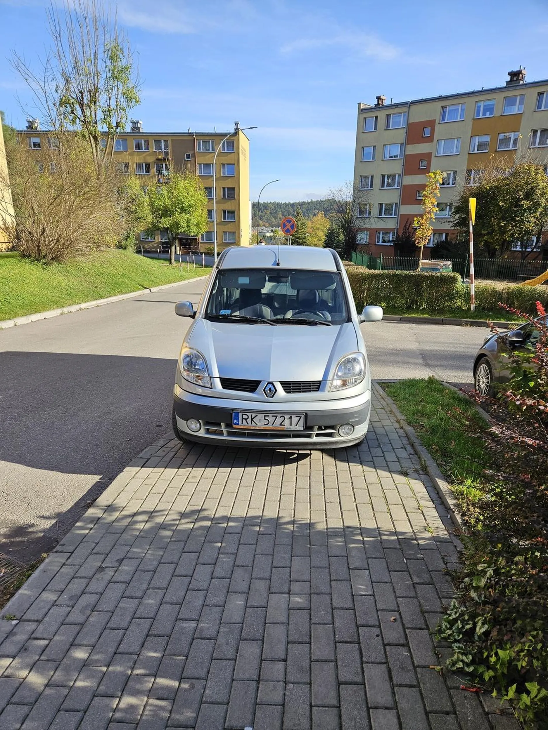 Zajmuje cały chodnik i cześć drogi wyjazdowej na skrzyżowaniu.