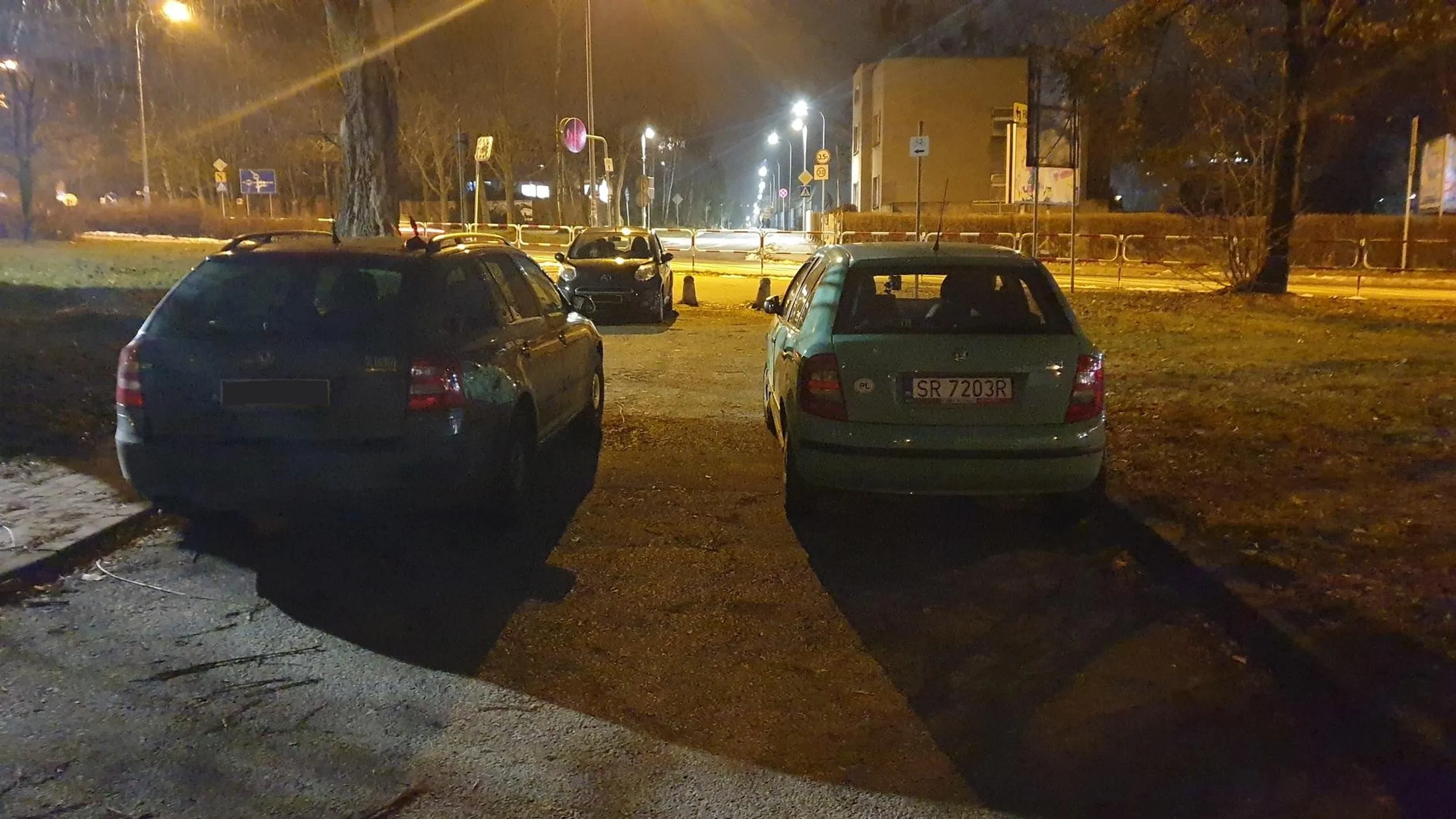 Inteligentne parkowanie kierowcy skody – zablokowane auto musiało wyjechać po trawie.