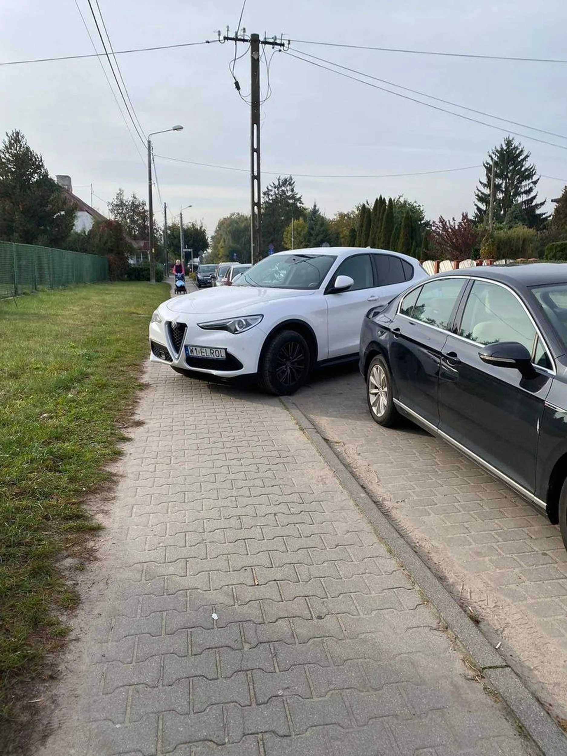 Kierowca ma spory samochód, więc również pewnie ma wielkie potrzeby. Niezaspokojony apetyt na zaparkowanie samochodu jak najbliżej celu sprawia, że wykorzystuje całą szerokość chodnika nie licząc się z nikim. Ps w tle możemy zauważyć matkę z dzieckiem w wózku, której pewne określenia na temat kierowcy zapewne same przychodzą do głowy.