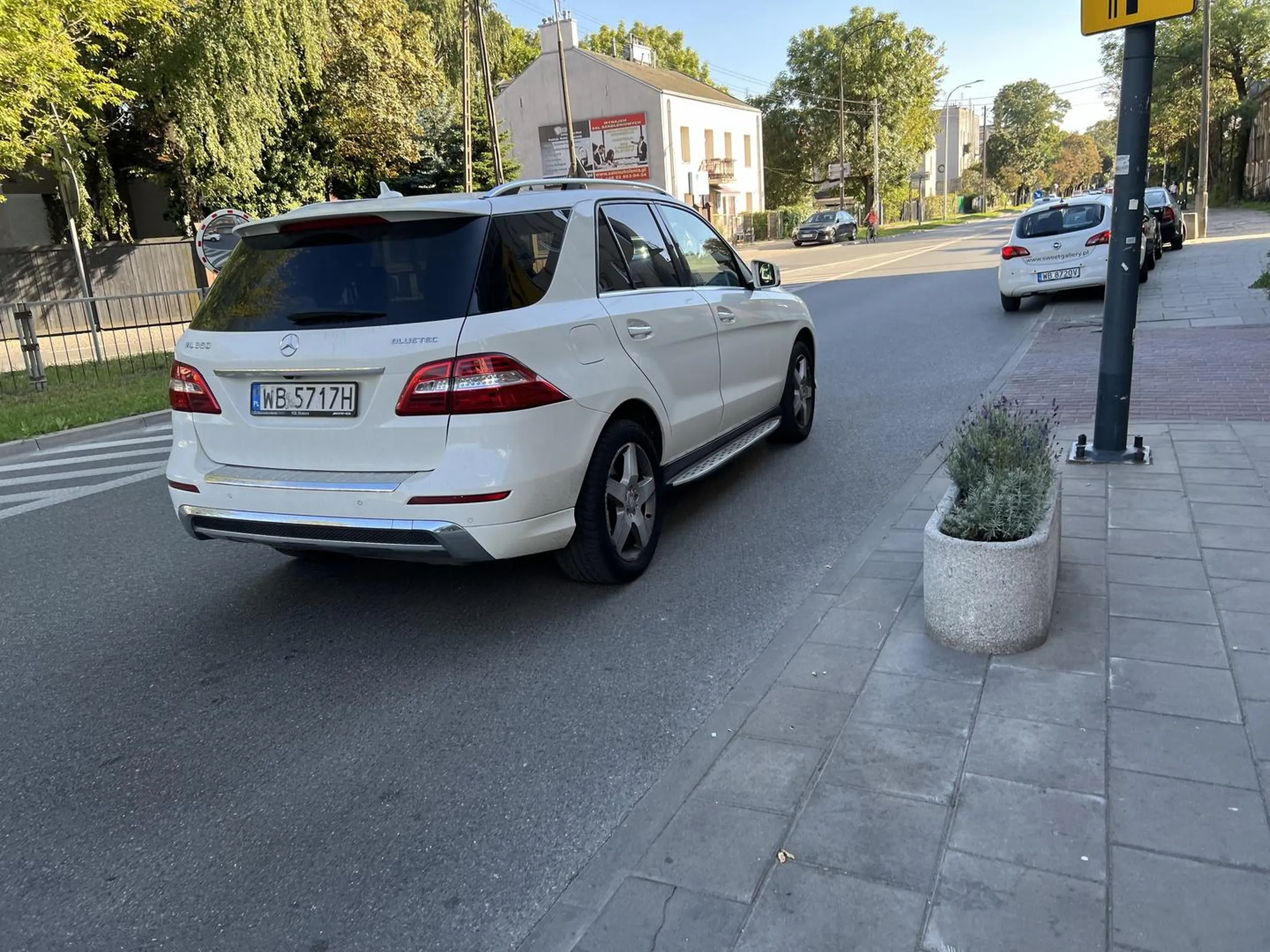 Kierująca wielkim mercedesem kobieta bezczelnie wjeżdżała na chodnik, żeby zaparkować, nie licząc się z tym, że chodnikiem idą ludzie z małymi dziećmi. Na zwróconą uwagę po chamsku zaczęła pyskować i odgrażać się. Wyjmowanie aparatu spowodowało, że szybko odjechała (dlatego zdjęcia są od tyłu samochodu już odjeżdżającego ulicą).