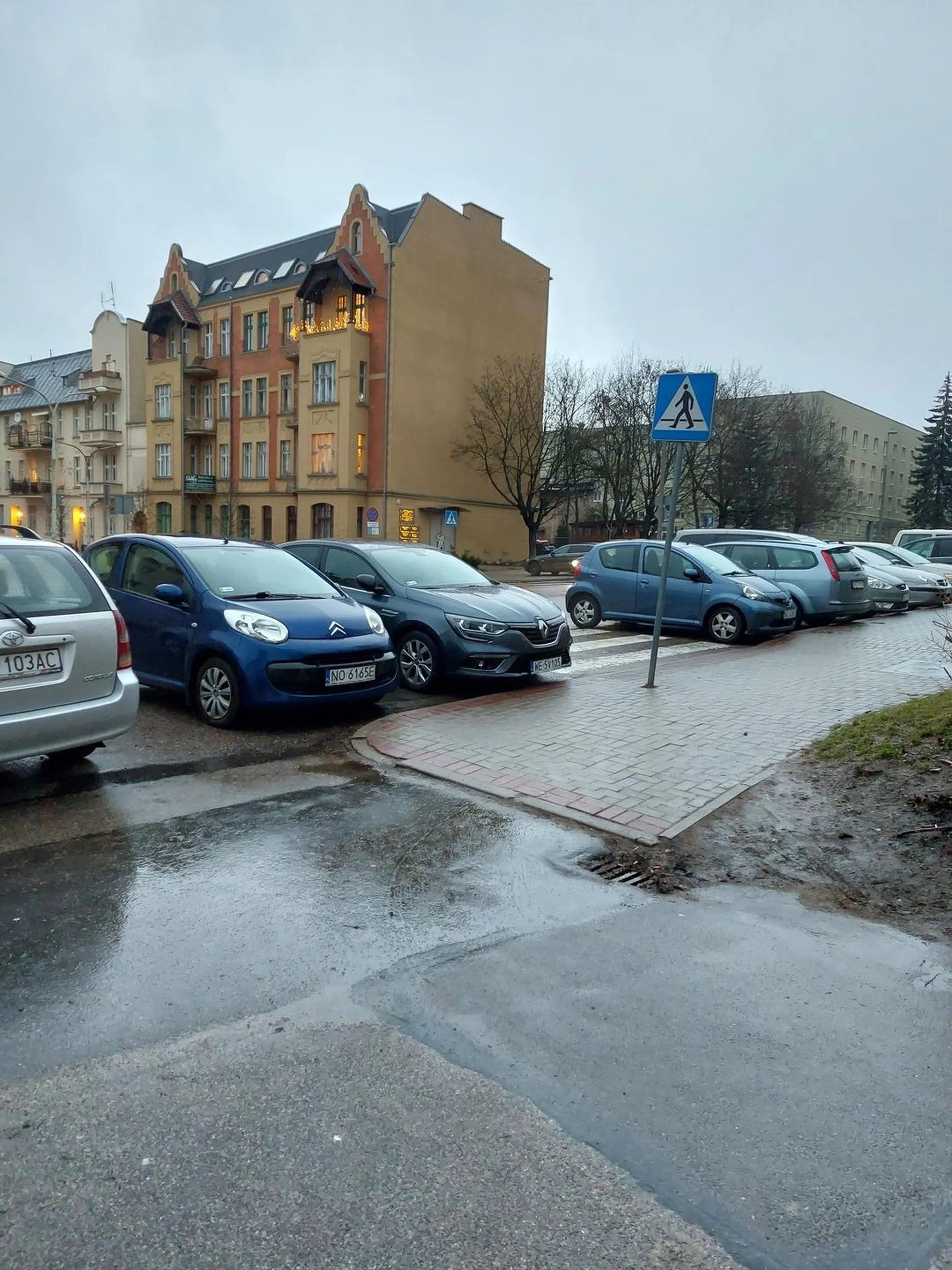 Zaparkował przy oznakowanym przejściu dla pieszych, ograniczajac widoczność pieszych wchodzących na przejście. Pozostali również zaparkowali bliżej niż 10 m od przejścia.