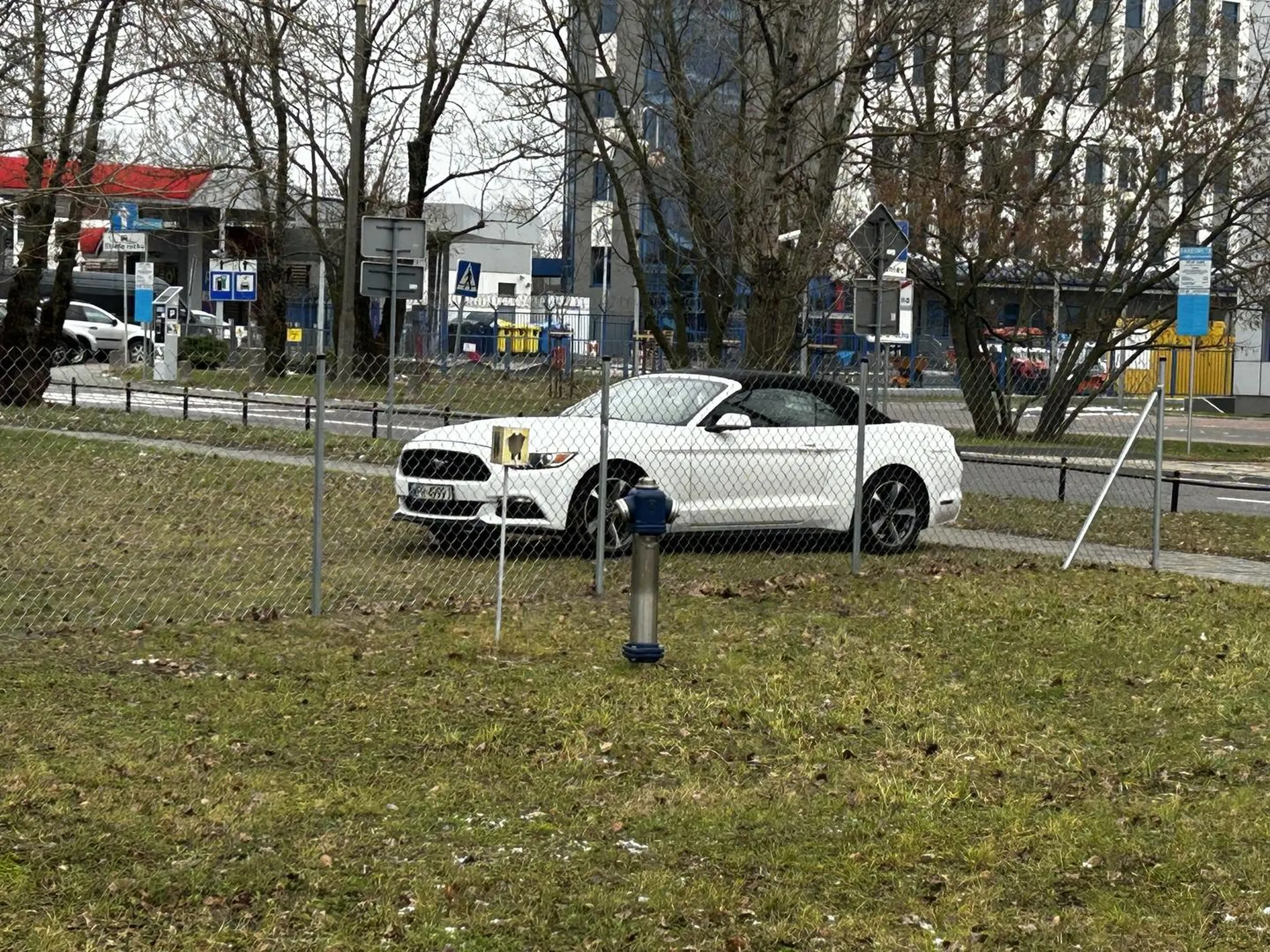 Parkuje na trawie przy Orlenie koło lotniska Chopina. Już dwa razy
