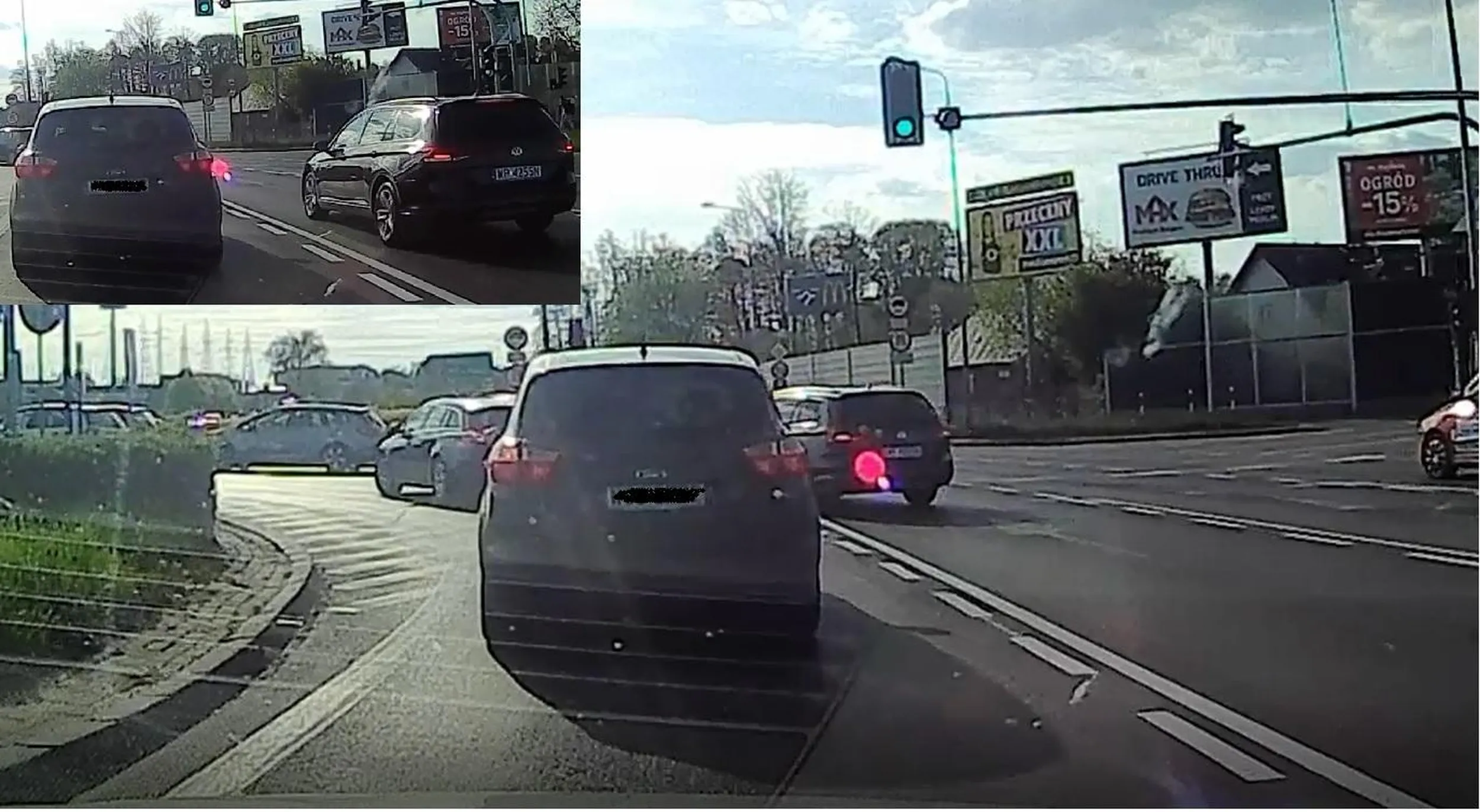 Wielki cwaniak z passerati skręca z pasa na wprost w lewo bo za długo poczekać w kolejce 3min.