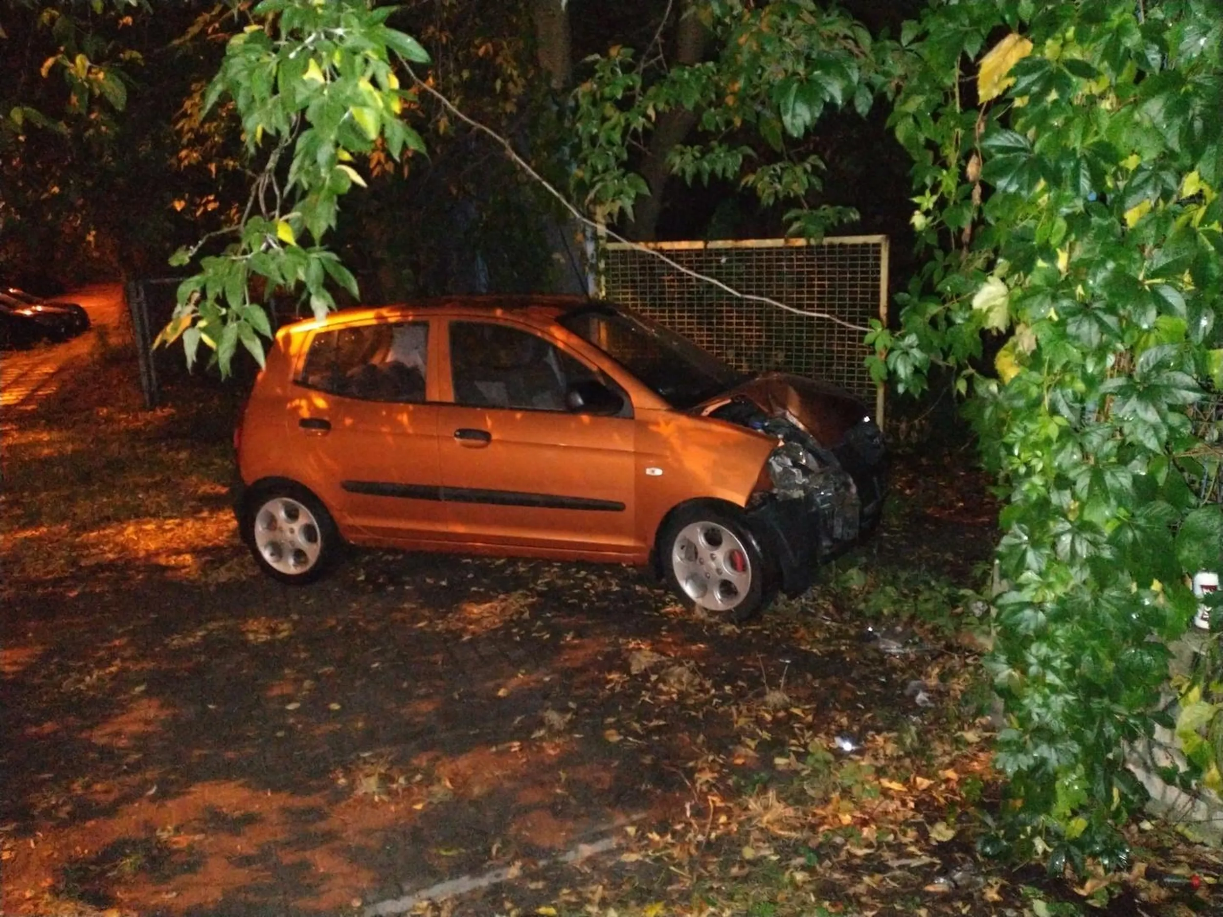 Łódź, 04.10.2023., 01:20, zakręt Inżynierska / Wołowa Samochód nadjechał ulicą Inżynierską, wypadł z zakrętu, przejechał przez przeciwny pas, trawnik, chodnik, po czym uderzył w mur ogrodzenia na Wołowej 2. Przyczyną była najpewniej nadmierna prędkość, przy której nie dało się w tamtych warunkach przejechać tego zakrętu, oraz stan kierowcy (mówiąc sprawiał wrażenie nietrzeźwego).