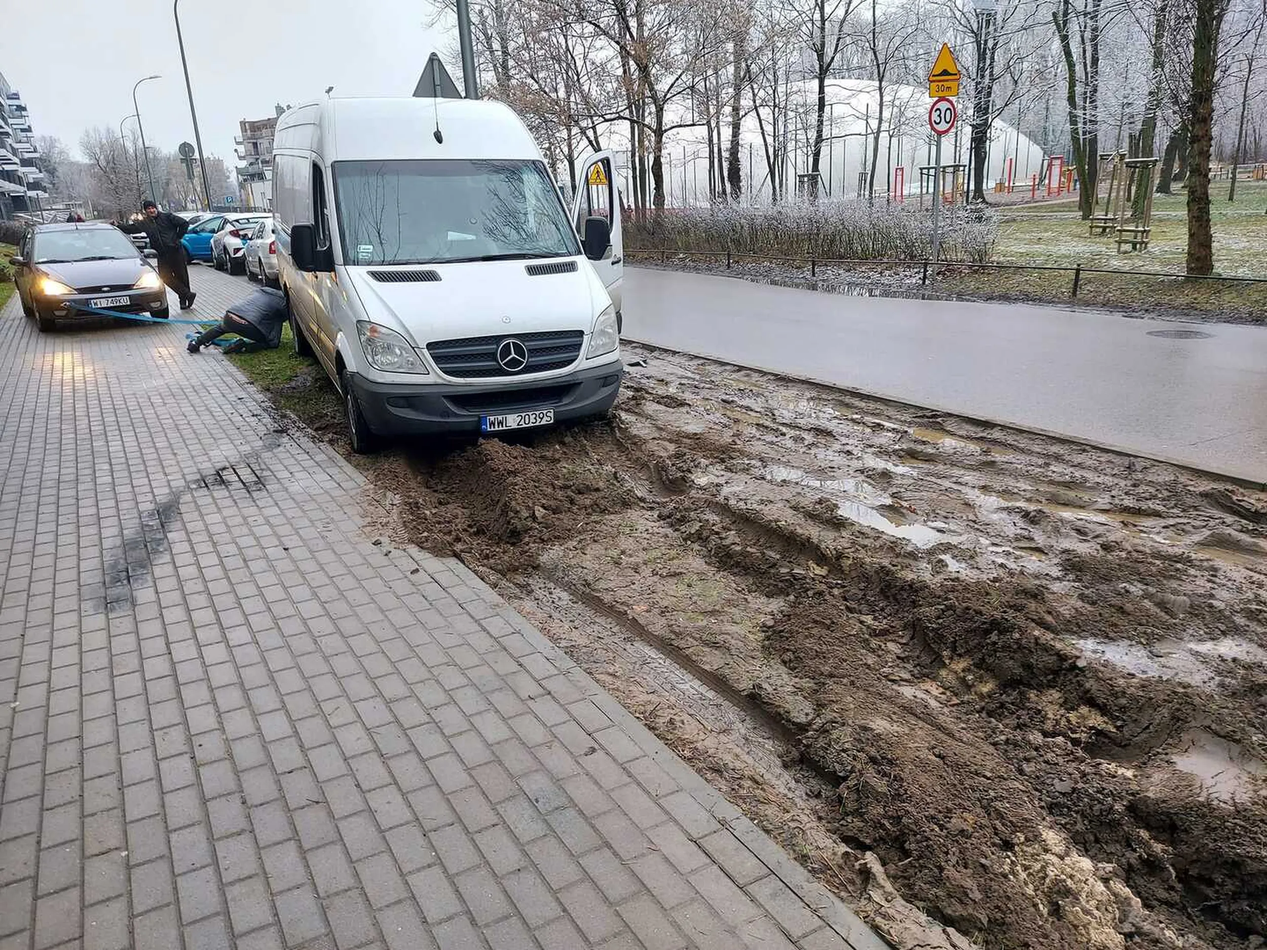Kierowca rozjeżdża trawniki.
