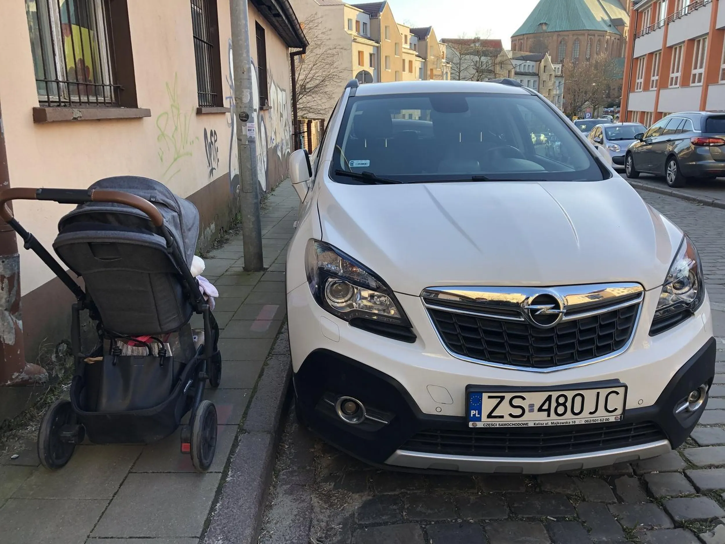 Karny kutas się należy. Kierowca ma w poważaniu zakaz parkowania. Zostawił samochód obok latarni całkowicie blokując przejście chodnikiem. Przez niego musiałem jechać wózkiem załadowanym tobołami i malutkim dzieckiem przez rozwalone kocie łby.