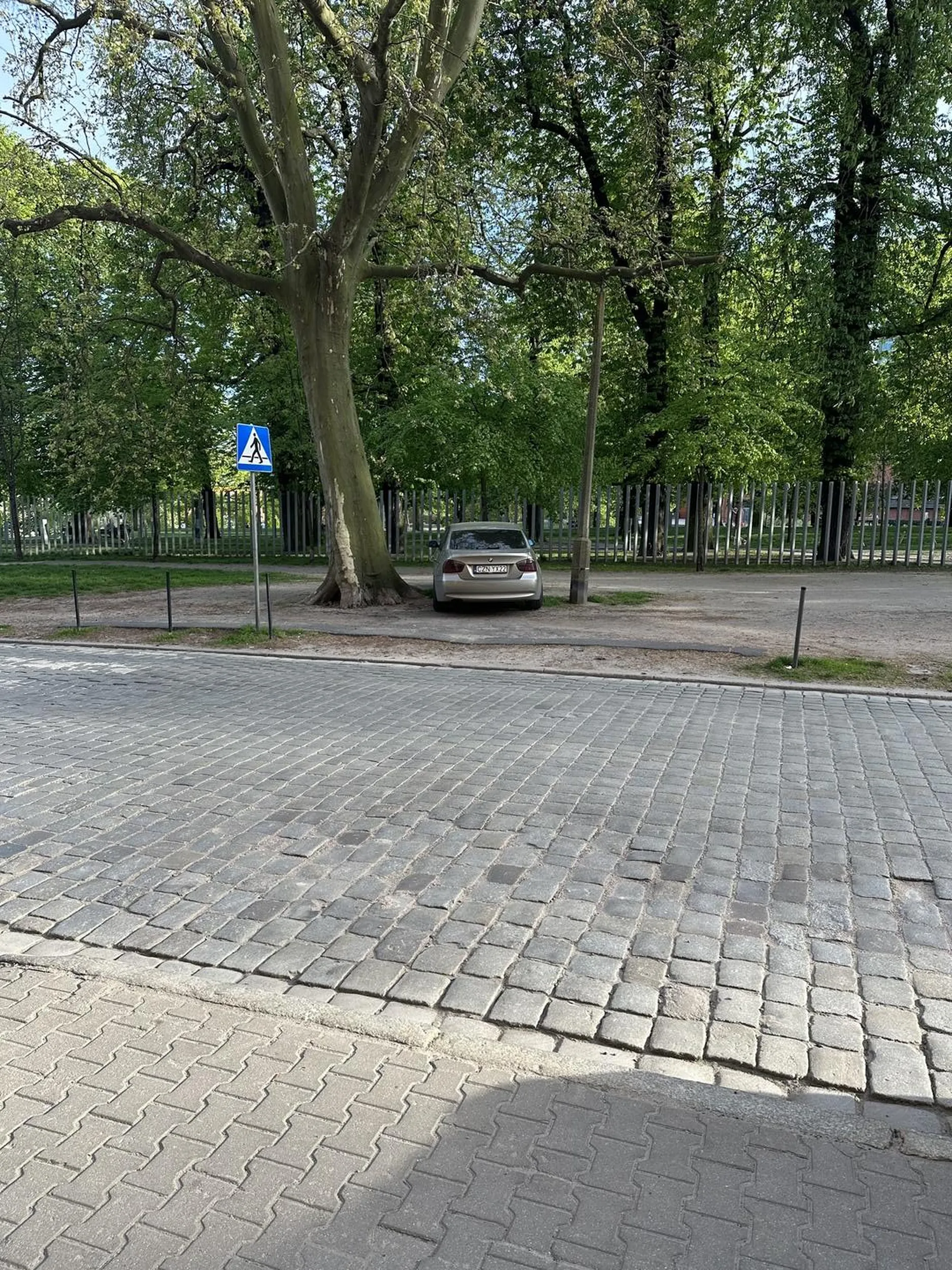 Kierowca jeździj po chodniku i parkuje w nielegalnym miejscu rozjeżdżając trawnik.