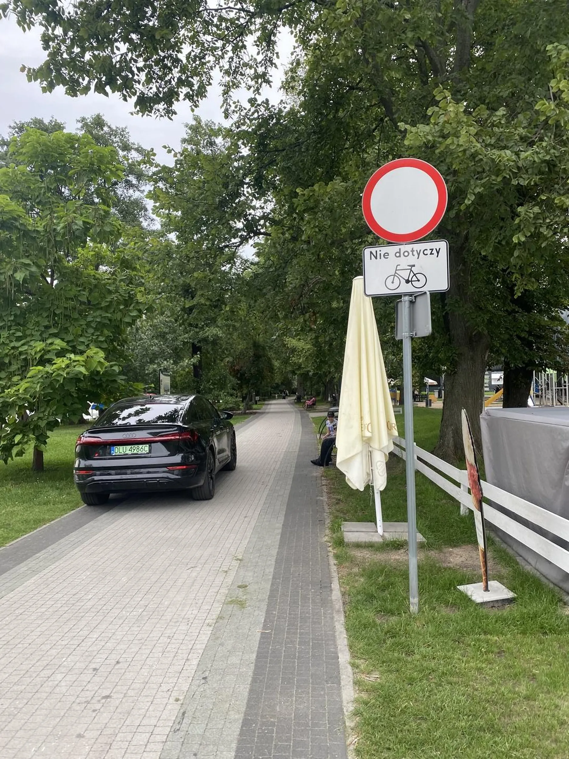 Pod zakaz na chodniku, potem zaparkowal se na trawie gagatek w elektryku