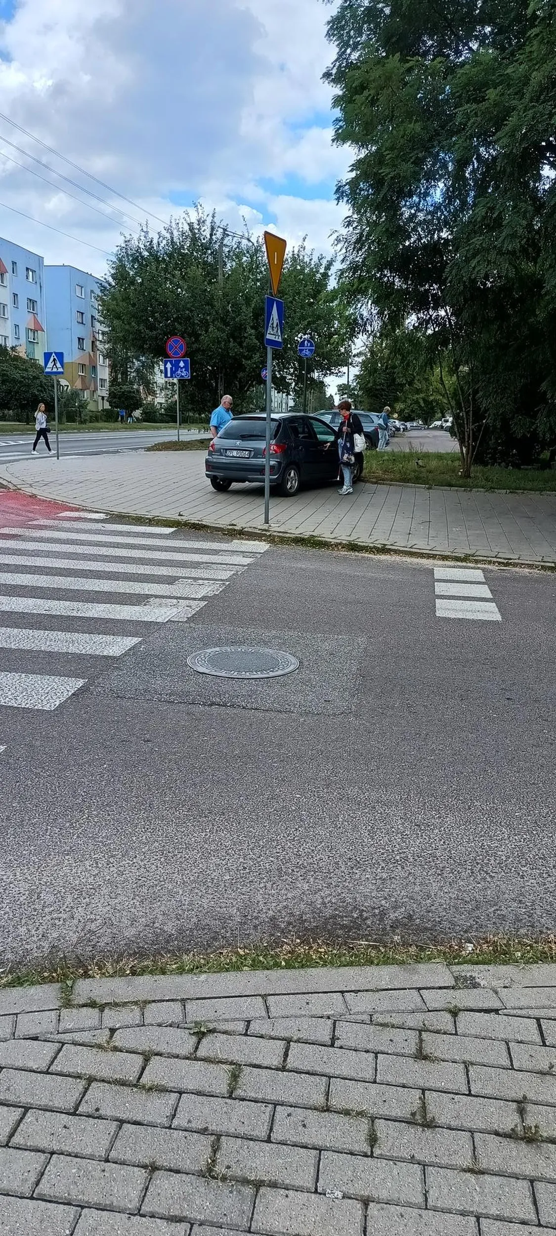 Kierowca jeździ po chodniku, parkuje przy skrzyżowaniu i przejściu dla pieszych. Wjeżdża i wyjeżdża przez przejście