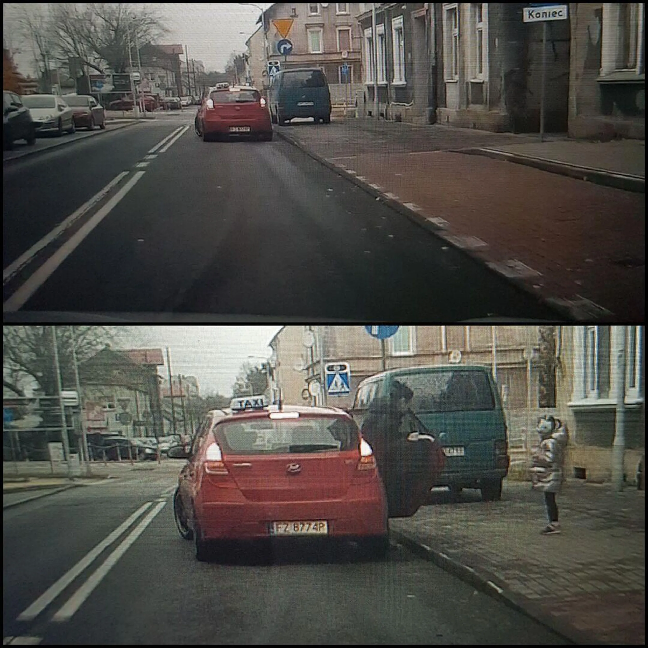 Droga pani kierująca o rudych kręconych włosach, czy na pewno jest to odpowiednie i bezpieczne miejsce do wysadzania ludzi ?? Patrząc na twoją głupotę, blokowanie ruchu i totalnie pusty parking obok raczej nie powinnaś kierować pojazdem a tym bardziej przewozić ludzi.