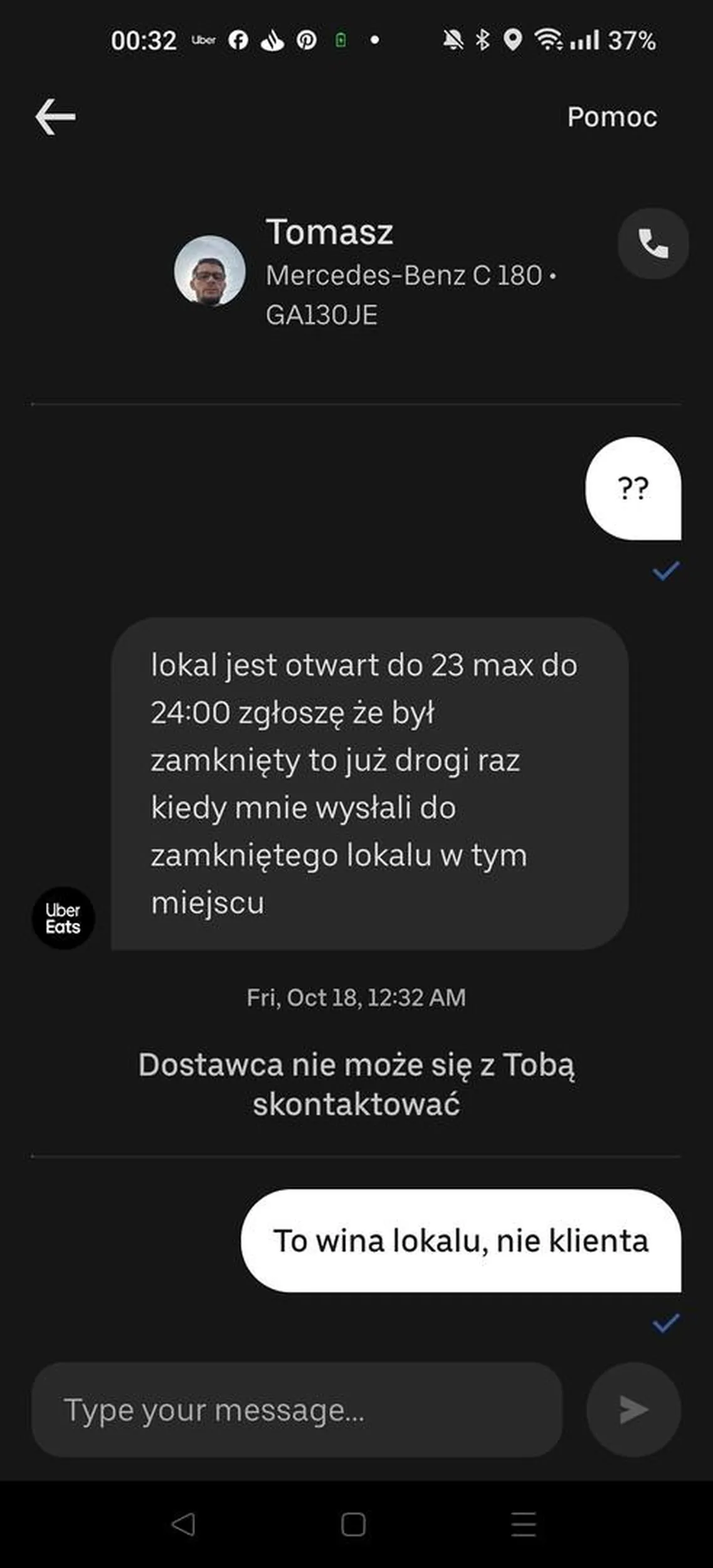 Nierzetelny dostawca uber eats. Oszukuje aplikacje i klienta.