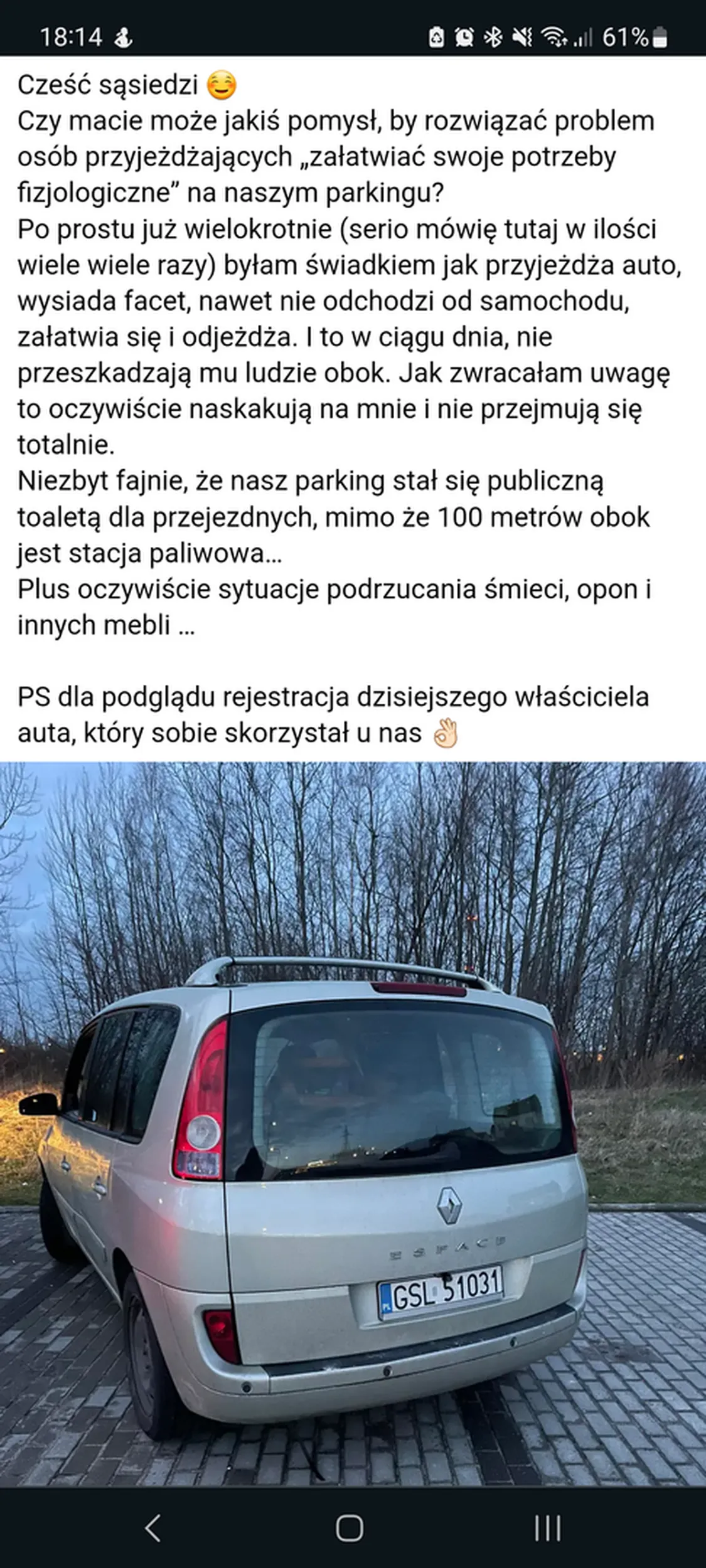 Obszczymur zamiast pojechać 100m na stację benzynową to leje pod siebie na parkingu na osiedlu.