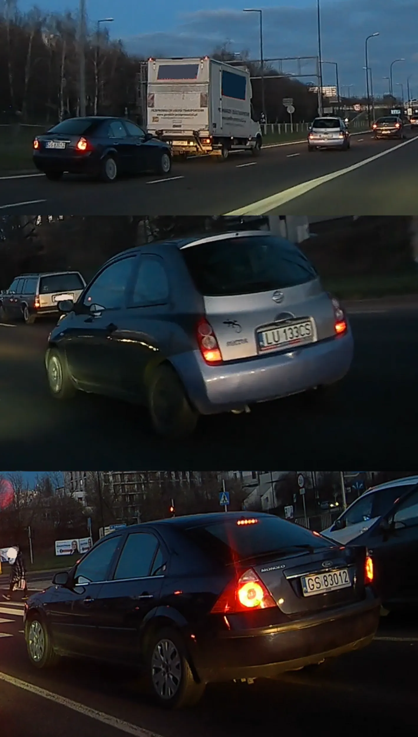 Dwójka kierowców postanowiła dać nauczkę poprawnie jadącemu kierowcy zawodowemu. Ford - jazda na zderzak, zajeżdżanie drogi, wyhamowywanie. To drugie małe G - niebezpieczne ciasne manewry między autami, zajeżdżanie drogi, młody głupi gnojek, co jeździć nie umie i się popisywał przed pasażerką. Pasażerka nie lepsza - zachowanie po zwróceniu uwagi przez kierowcę dostawczaka , to głupkowaty śmiech. Takiego chamstwa na drodze dawno nie widziałam.