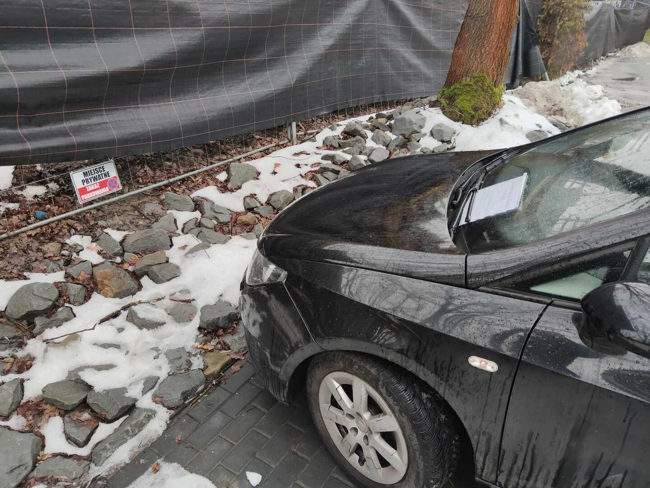 Kierowca parkuje samochód na wykupionych miejscach parkingowych, mimo że wie, że są to miejsca prywatne