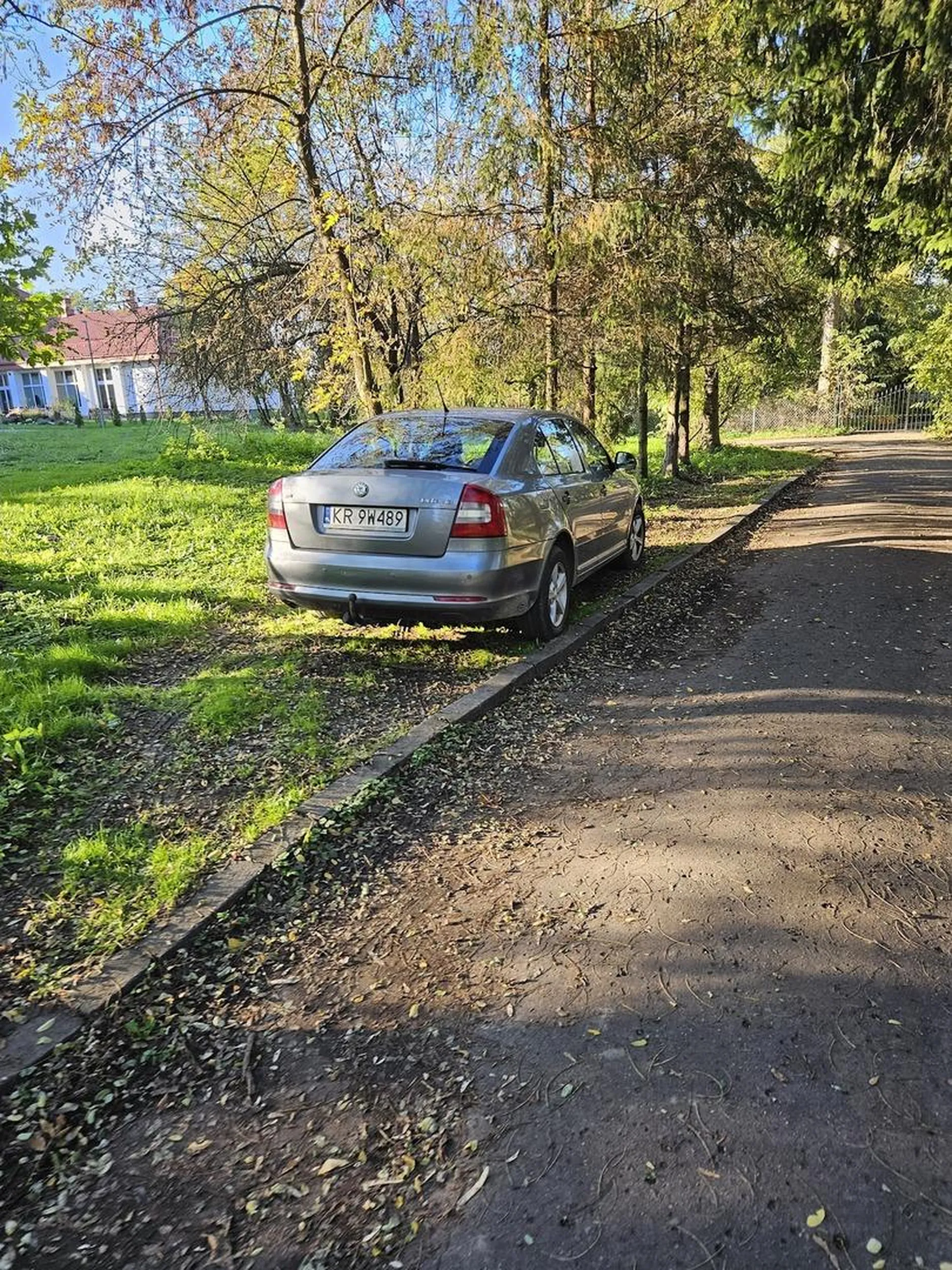 Samochód pracownika szkoły, który umyślnie degraduje zieleń. Po zwróceniu uwagi mówi, że będzie tak parkował bo na zwykłym parkingu nie parkuje z obawy o to, że ktoś mu uszkodzi samochód. Skodę Octavię II 1.6 MR`09...