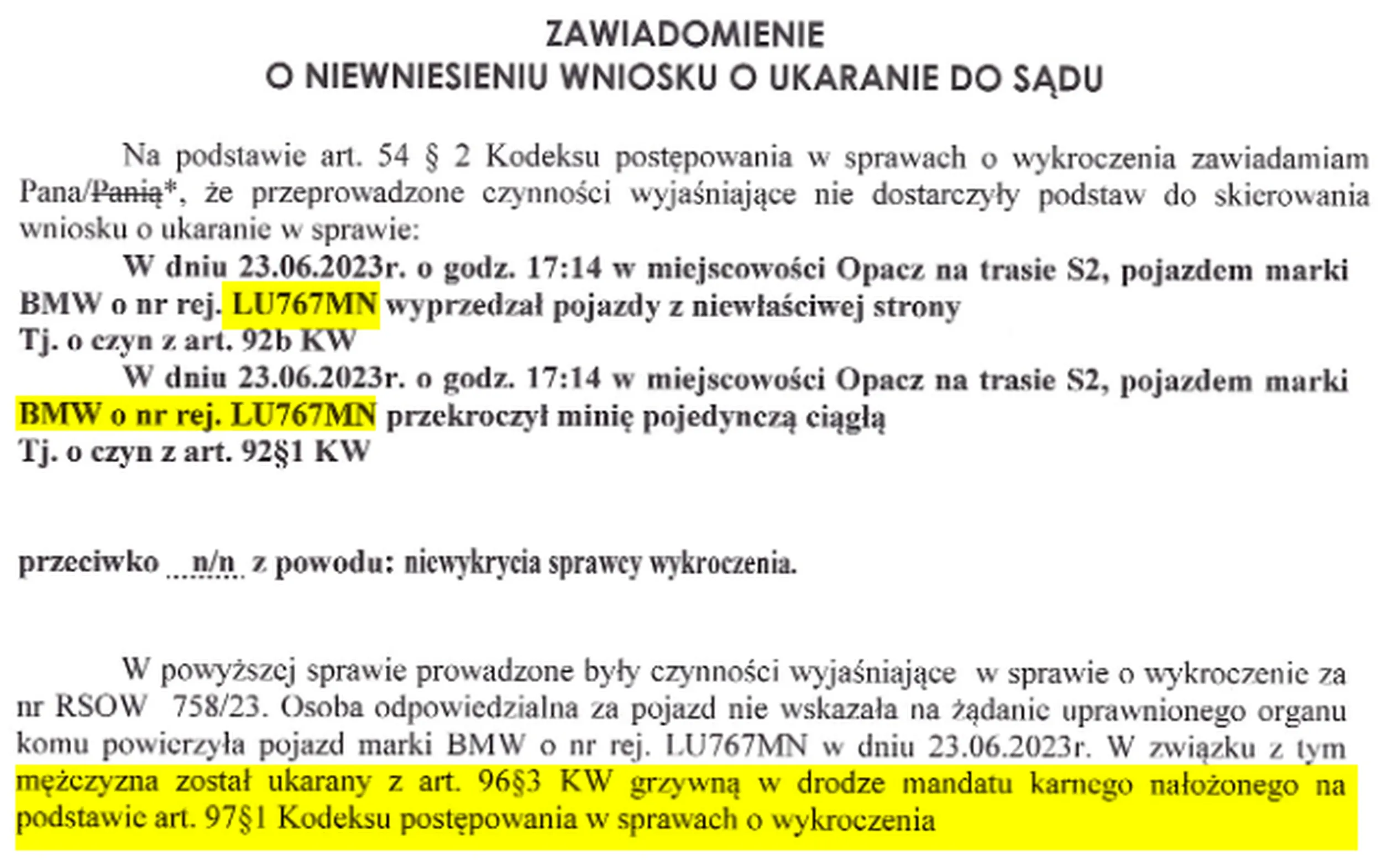 Laurka dla matoła za ściganie się z innymi jadąc poboczem na trasie S-2.