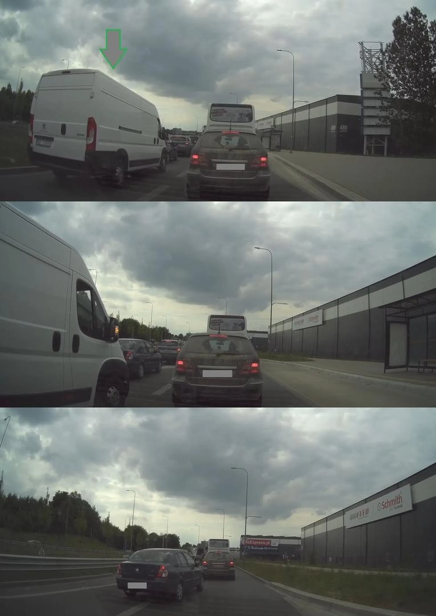 Kierowca Peugeot Boxer to niezrównoważona osoba. Obcy jest dla niego termin jazdy na suwak – na początku próbuje się wcisnąć, a później dodawał szybko gazu aby się zrównać i zaczął wyzywać od pajaców. Jak widać wszyscy z przodu idealnie, POKOLEI włączali się do dalszego ruchu jednym pasem. A on miał pretensje że go dodatkowo nie wpuściłem? Na 3 obrazku przede mną jedzie Renówka, którą normalnie wpuściłem i jechała po lewej stronie przed Boxerem. Ogólnie to był wyjazd z miasta i był już tam korek. Najlepsze że potem ten facet jechał wolniej niż wszyscy, a więc za mną zrobiła się dość spora luka, a za nim była kolejka. Po co człowieku była Ci ta durna awantura, w której nie miałeś racji, prawie doprowadziłeś do kolizji, a potem jechałeś 40km/h??? Nie rozumiem takich ludzi..