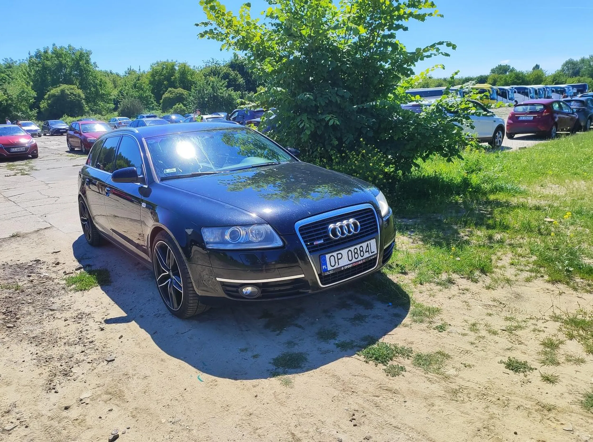 Kierowca na terenie zabytkowym mimo wyraźnych wskazówek gdzie ma zaparkować wybrał sobie zieleniec. I to w miejscu ciągu pieszego.