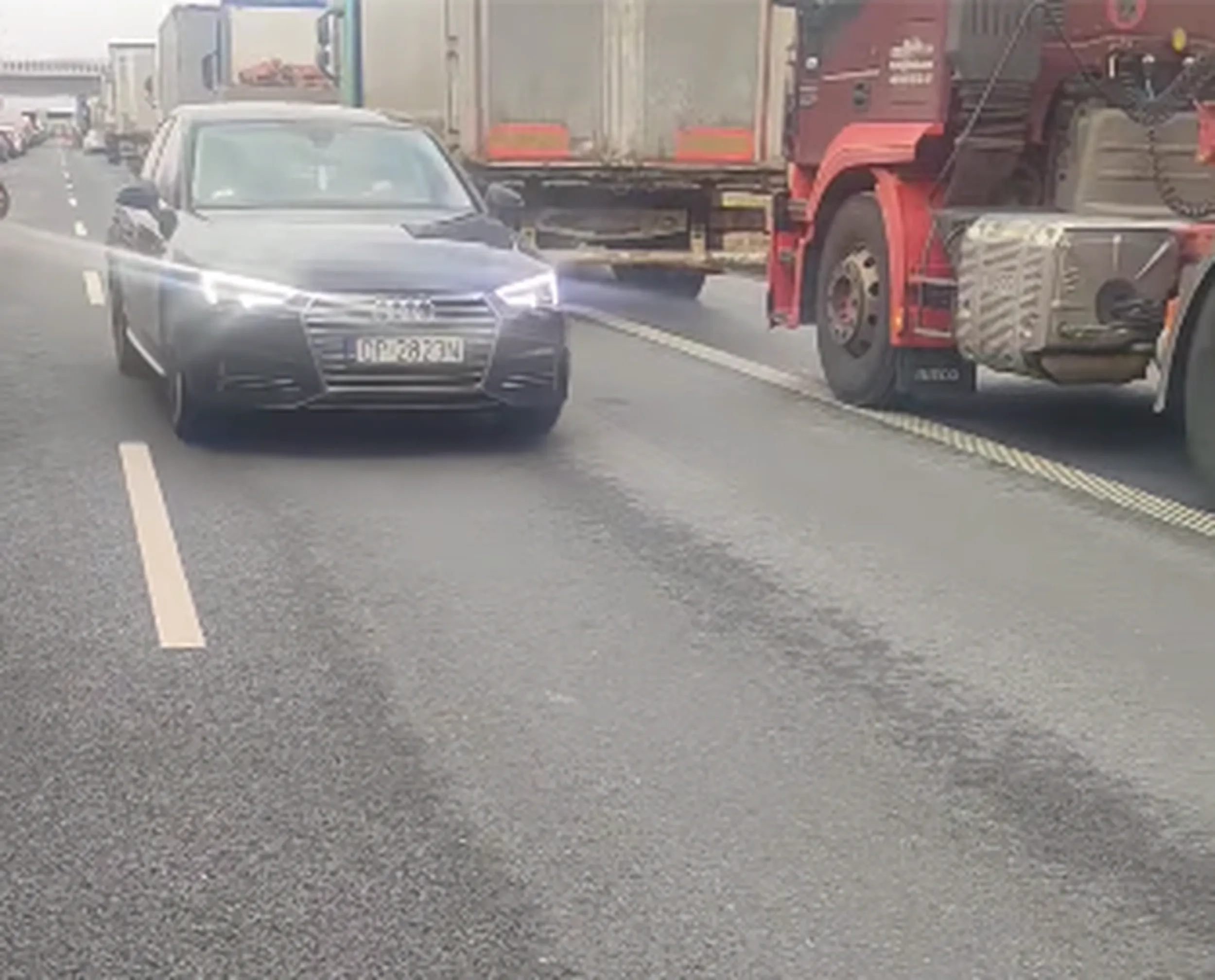 zawraca korytarzem życia na autostradzie, ciężki baran