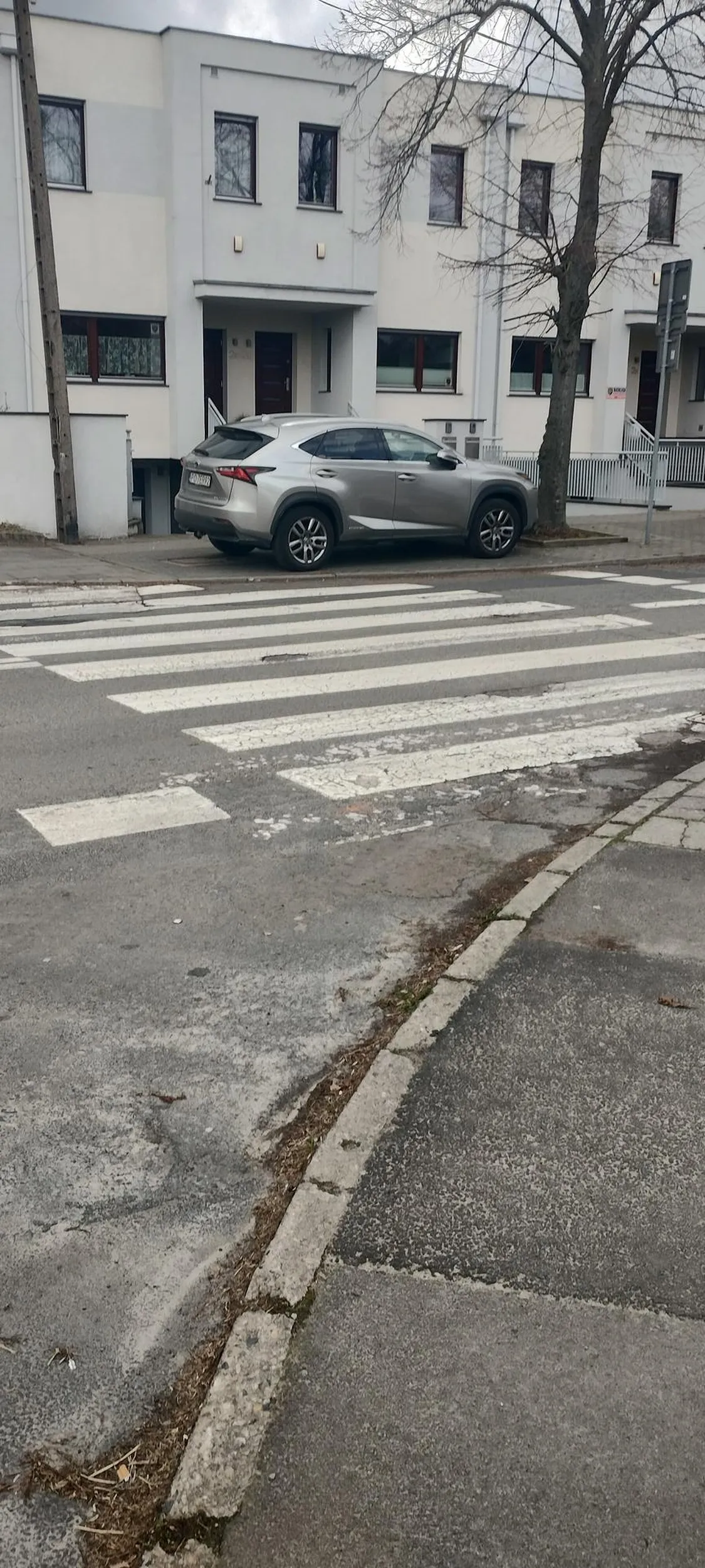 Parkowanie na chodniku blokując dojście do przejścia dla pieszych.