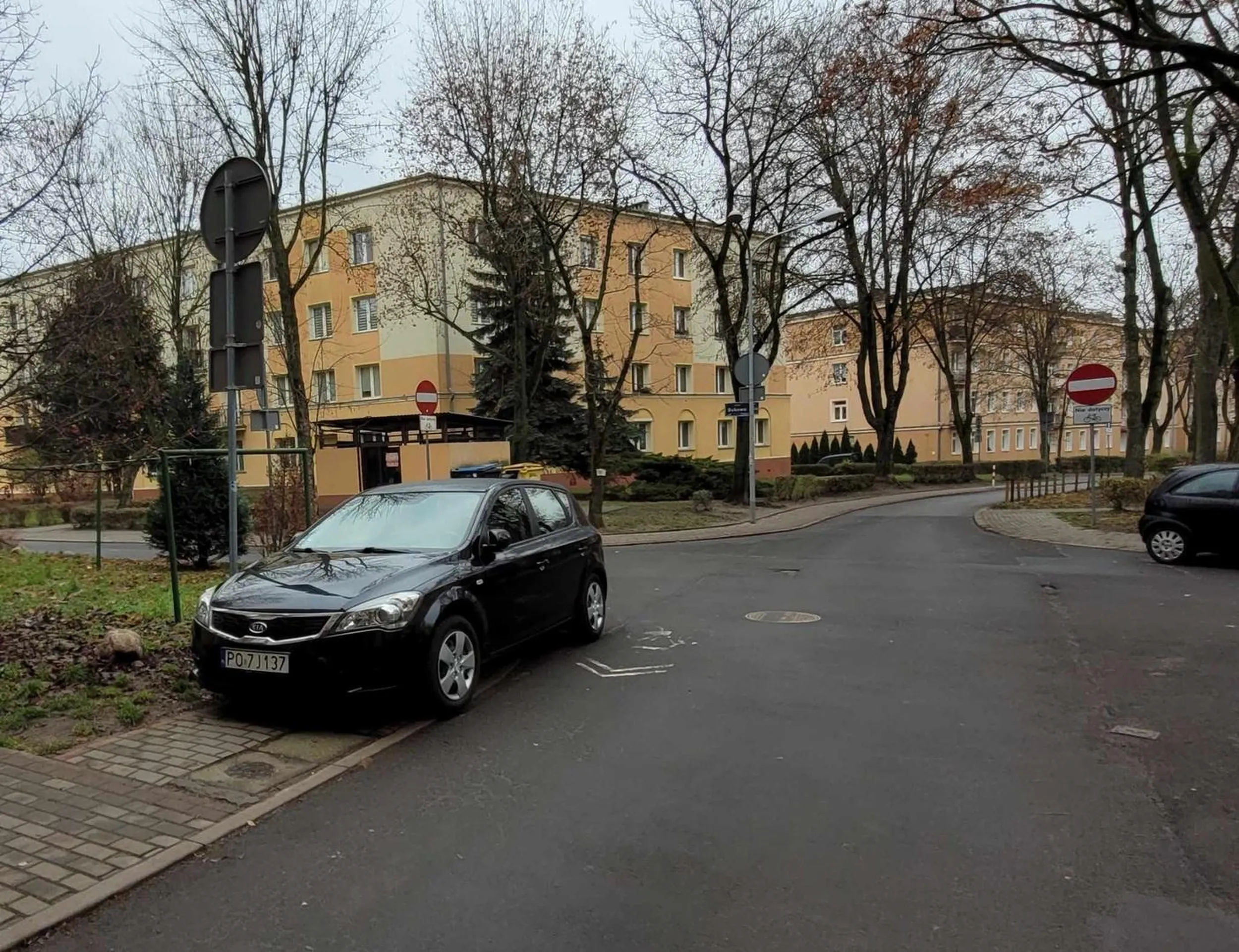Stoi jak król zajmując cały chodnik, piesi muszą chodzić ulicą.