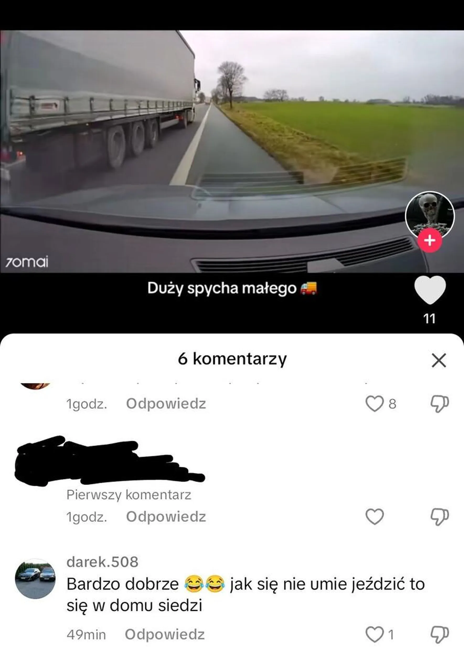 Darek na tiktoku pisze o tym, że wolniejsza jazda jest wystarczającym powodem, by spychać kogoś z drogi przy wyprzedzaniu.