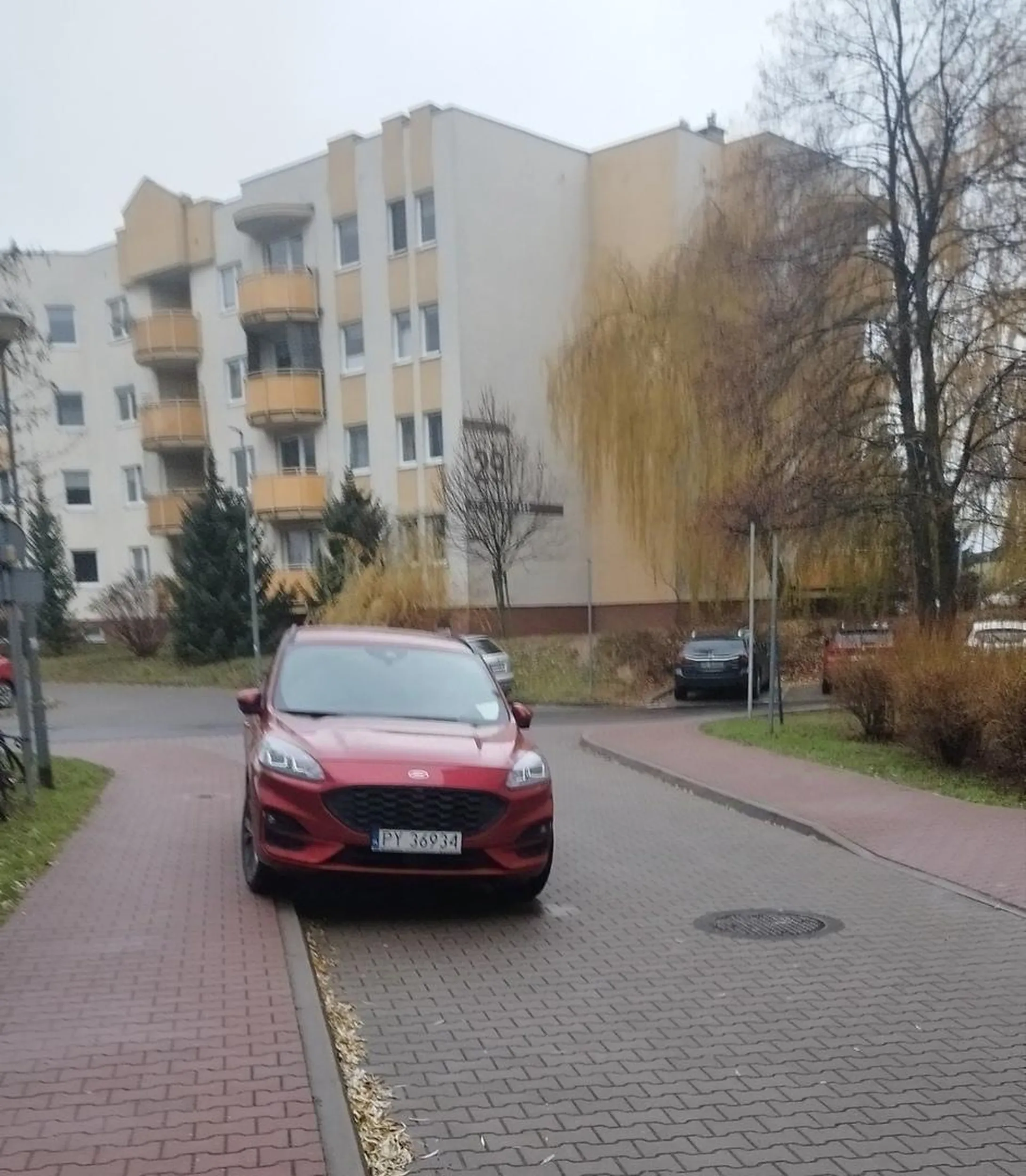 Blokowanie drogi osiedlowej. Bo kilka metrow na parking to za duze wyzwanie.