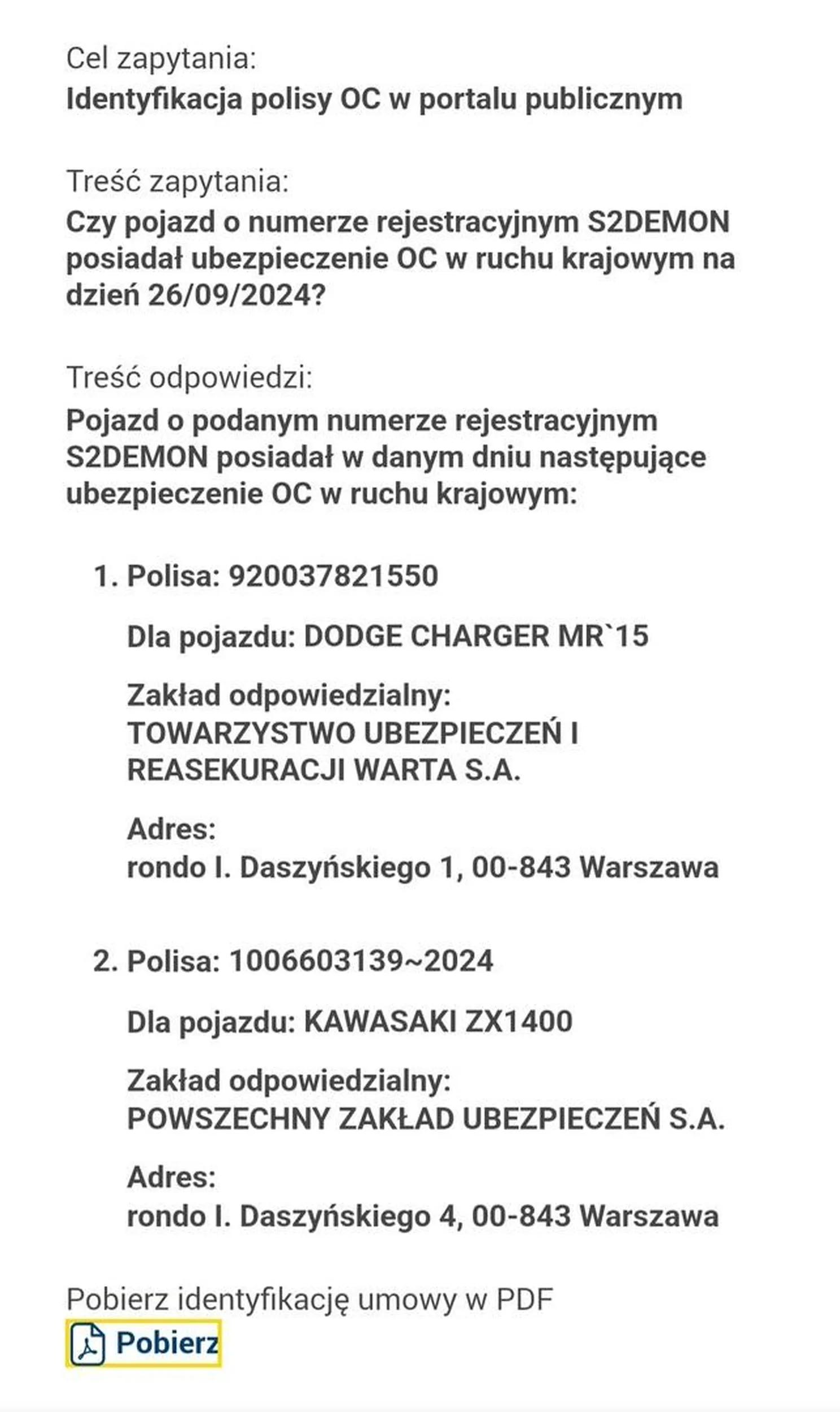 dwa pojazdy zarejestrowane na ten sam numer