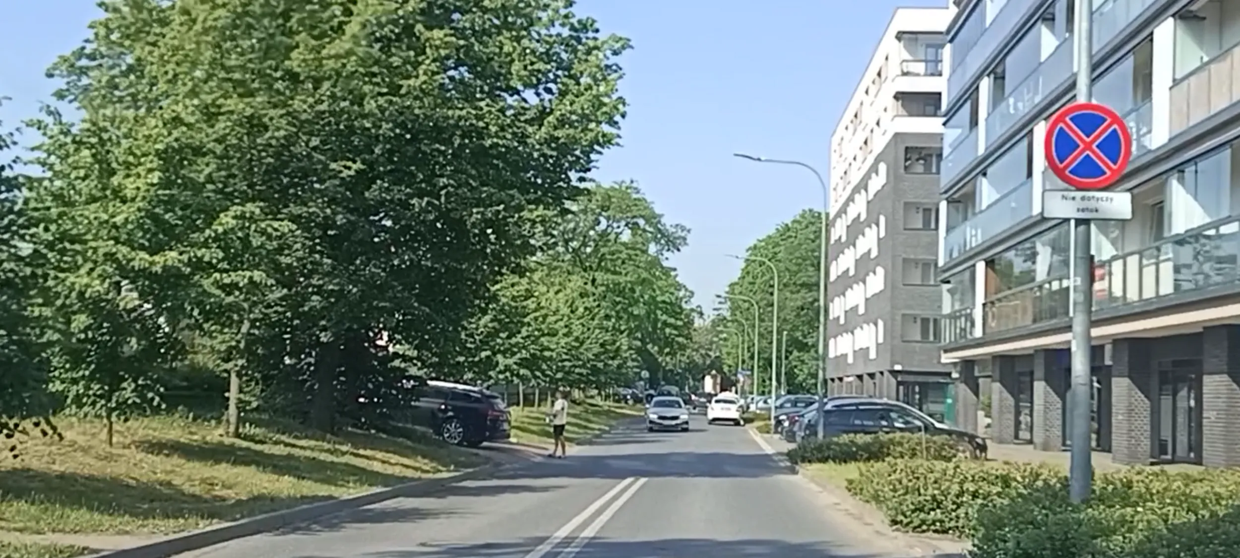 Ameba parkingowa stoi na ulicy na zakazie zatrzymywania się i postoju