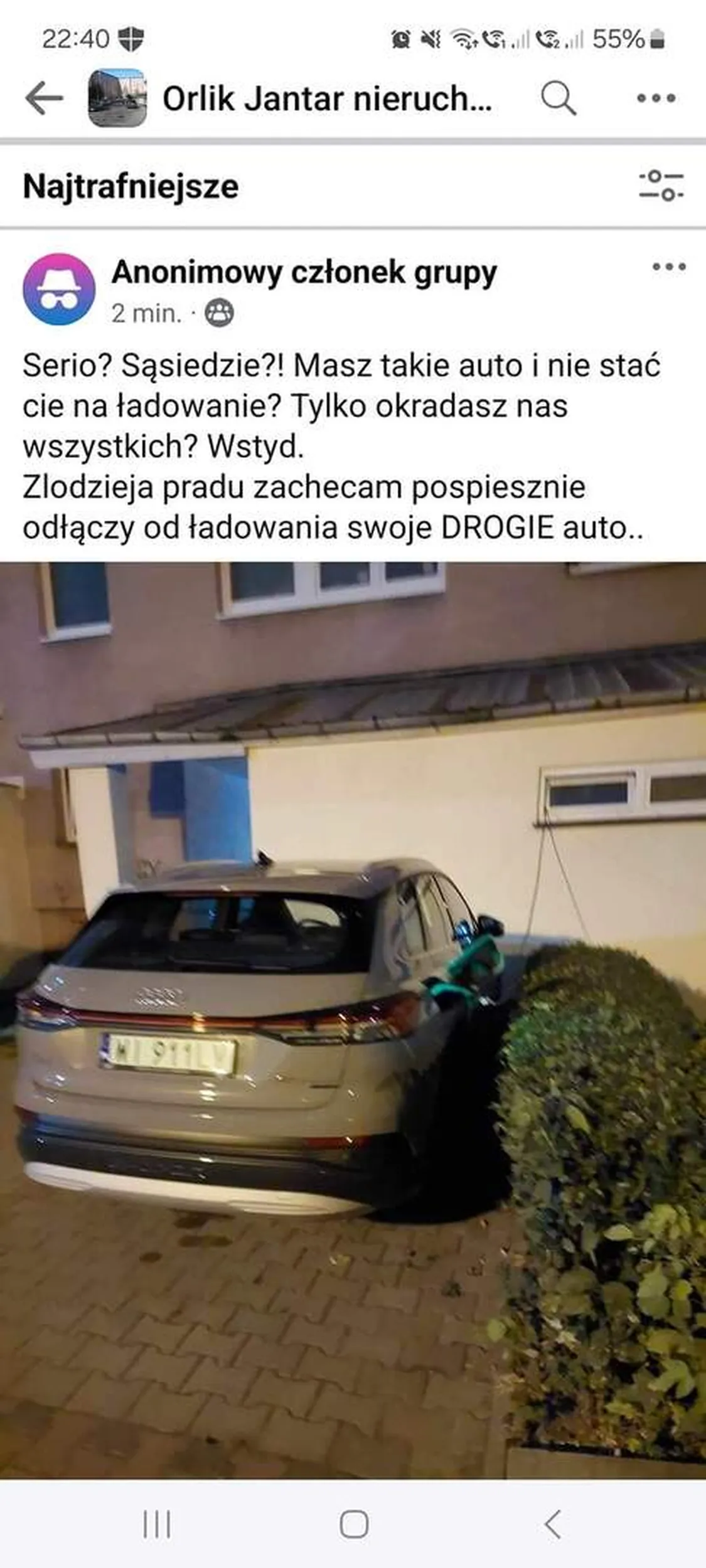 Pozdrawiamy pana złodzieja prądu z warszawskiego Gocławia. Nie ma to jak ładować elektryka prądem z klatki :D