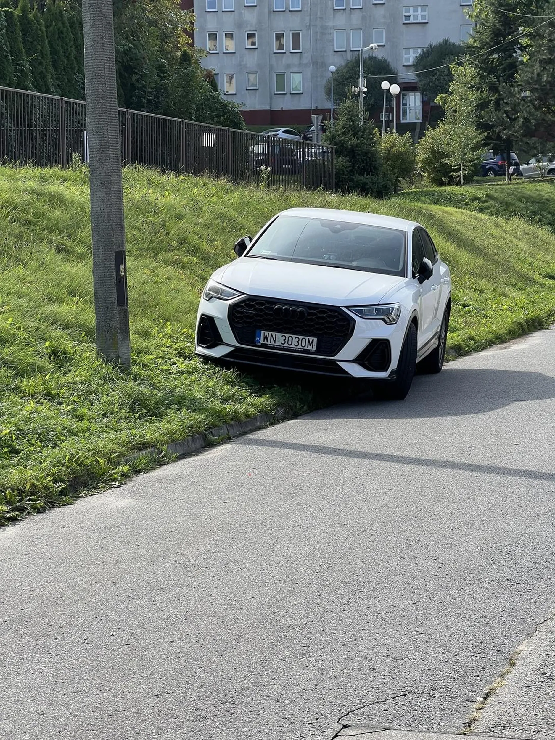 Coś się chyba kierowcy pomyliło. Auto zaparkowane jak po pijaku na trawie. Obok duży parking
