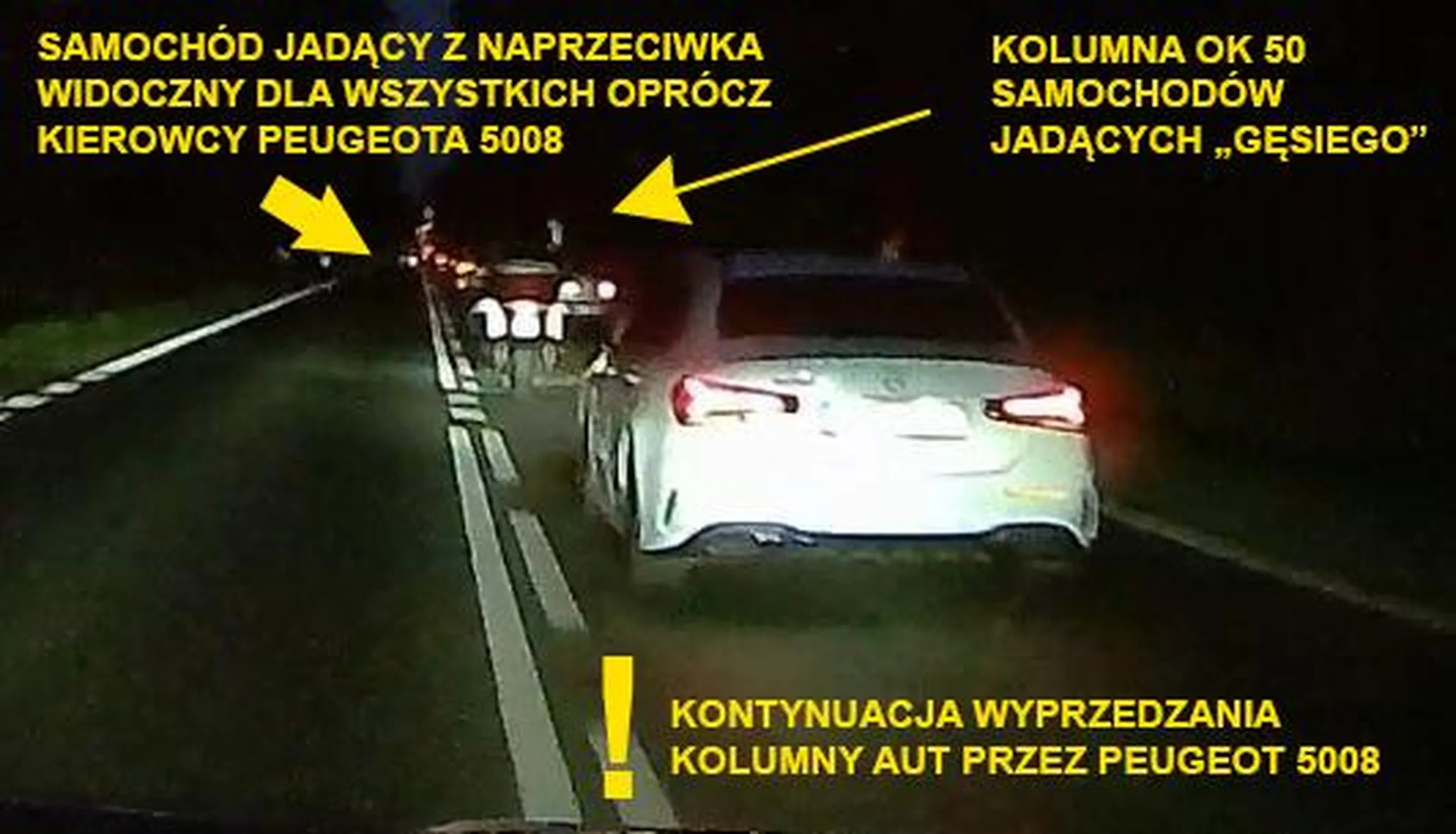 Kierowco Peugeota 5008, nikogo nie oczerniam tylko opisuję stan faktyczny dokonanego wykroczenia z konsekwencjami wysłania mojego samochodu na pobocze. Nie zacząłeś żadnego manewru wyprzedzania tylko nieustannie kontynuowałeś jazdę lewym pasem mając świadomość sytuacji drogowej (korek) na prawym pasie ruchu co uwidaczniają zdjęcia z Twojego videorejestratora. Dla lepszego zobrazowania załączam zdjęcie wraz z opisem. Fakty są takie, że prawym pasem porusza się kolumna około 50 samochodów zachowujący bezpieczny odstęp, brak jest w takiej sytuacji możliwości przyspieszania któregokolwiek z aut znajdujących się w tej kolumnie. Pomimo auta jadącego po lewej stronie swoim właściwym pasem ruchu, nadal kontynuujesz kierowco Peugeota jazdę lewym pasem ruchu, próbujesz na siłę wjechać pomiędzy auta znajdujące się w kolumnie na prawym pasie ruchu co jest całkowicie nieodpowiedzialne ! Konsekwencją tego nieodpowiedzialnego zachowania jest próba siłowego wypchnięcia mojego samochodu z prawego pasa 
