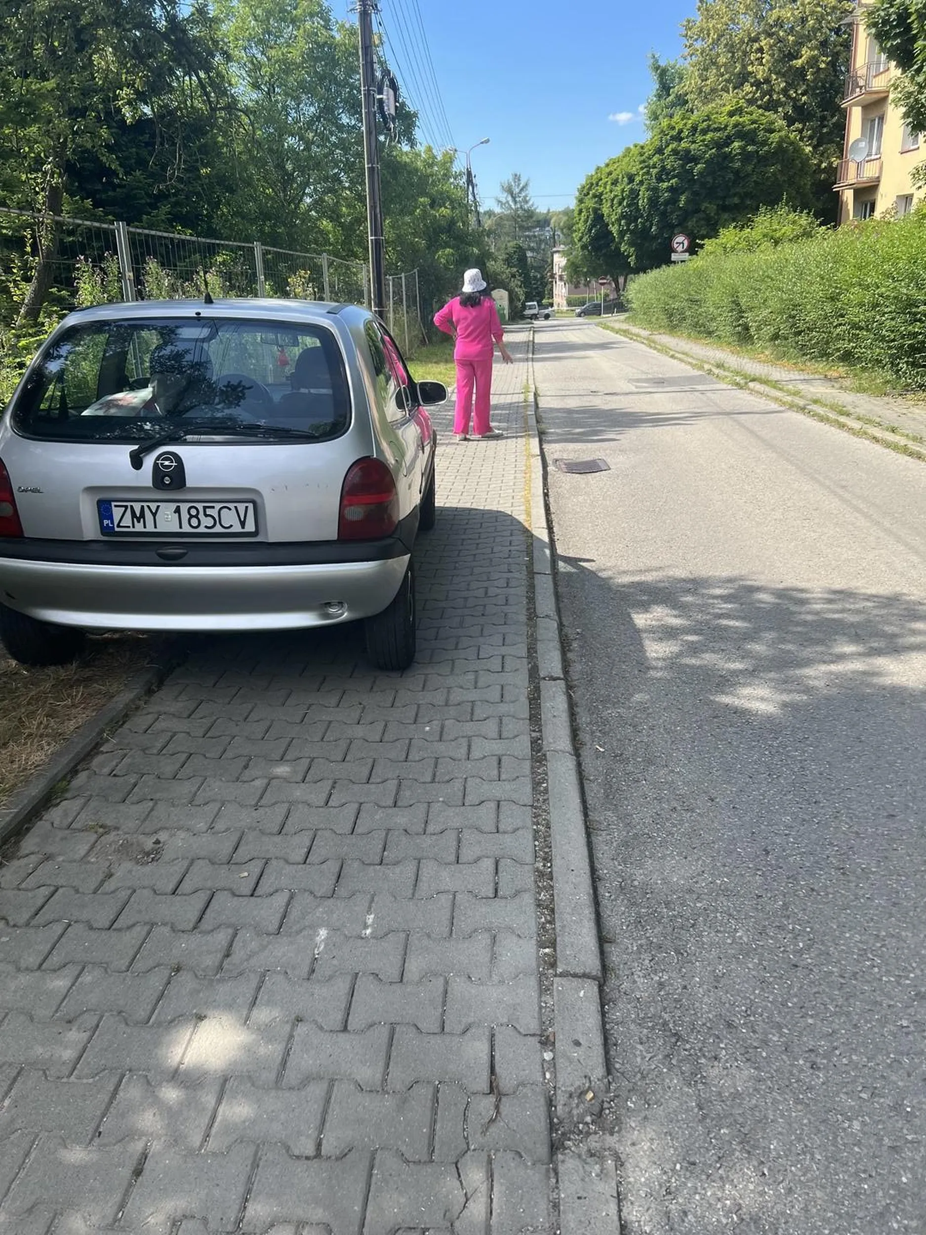 Różowa landrynka zaparkowała na chodniku i trawniku na cigarett pauzę