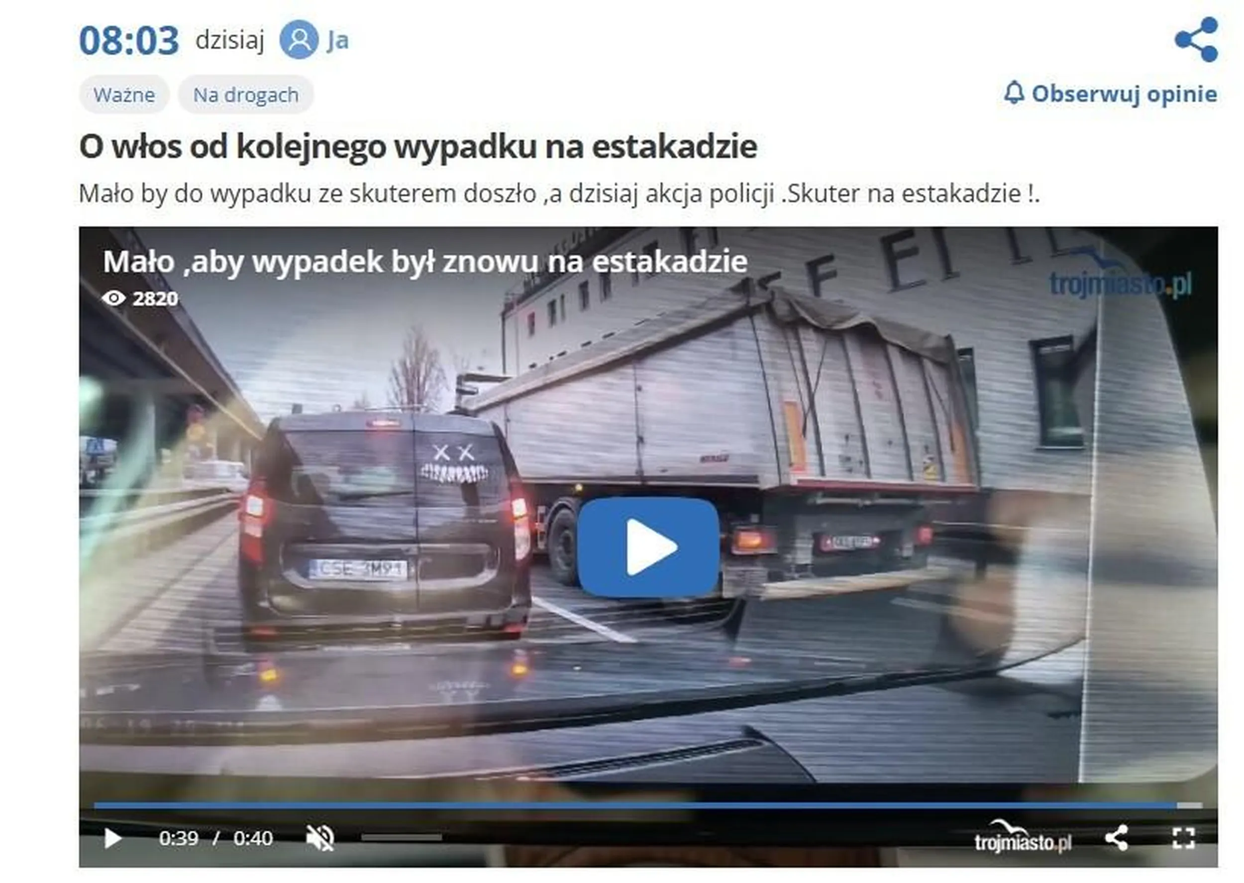 Facet prawie zabił chłopaka na skuterze dziś w Gdyni, czy policja coś z tym zrobi ?