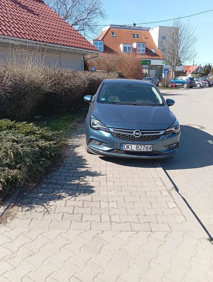 Egoista zastawiający samochodem całą szerokość chodnika! Przez to piesi muszą omijać go ulicą... Leń, któremu nie chce się szukać miejsca parkingowego...